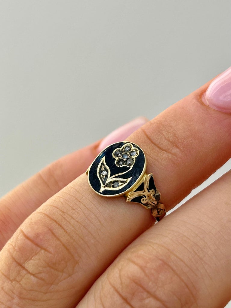 Antique Black Enamel Rose Cut Diamond Forget Me Not Ring in Gold