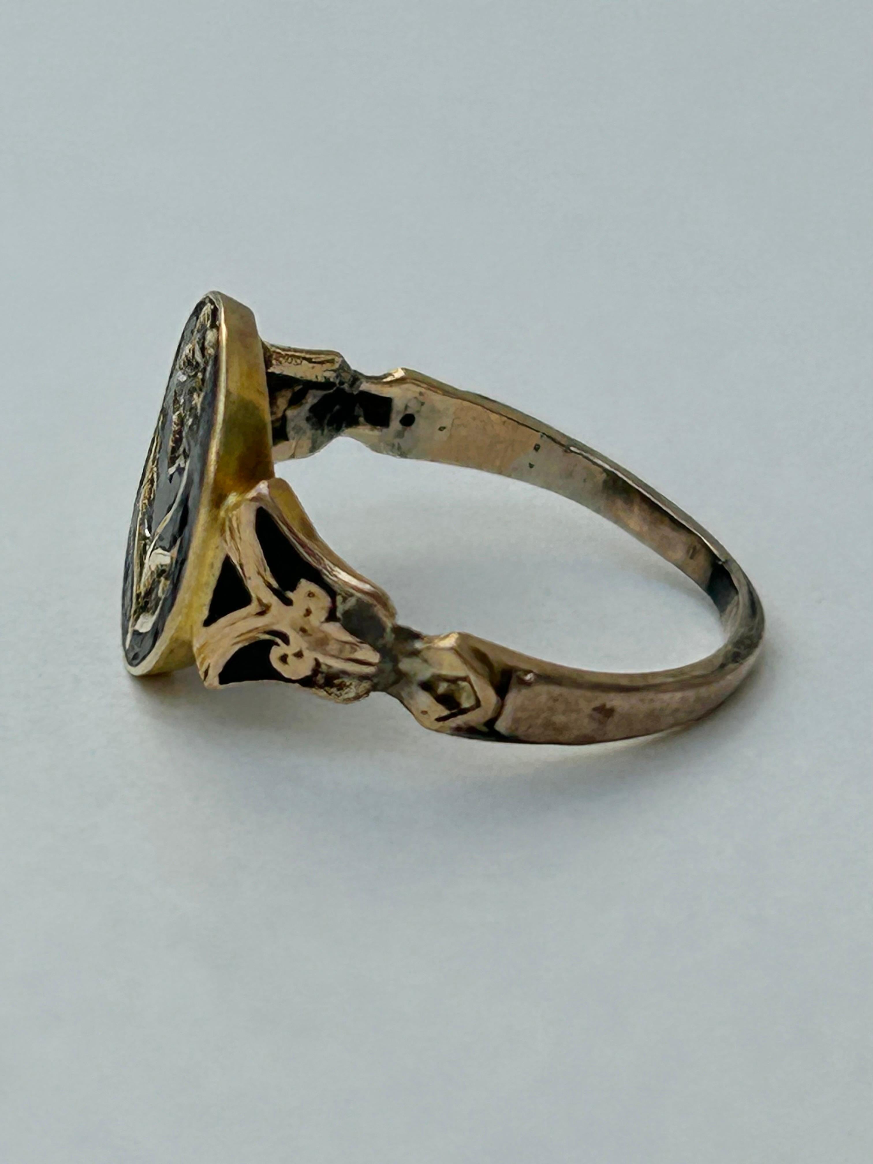 Artist Antique Black Enamel Rose Cut Diamond Forget Me Not Ring in Gold