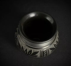 Antique Black Floral Decor Ceramic Vase Signed "Kamats" – Hungary - 2Y437