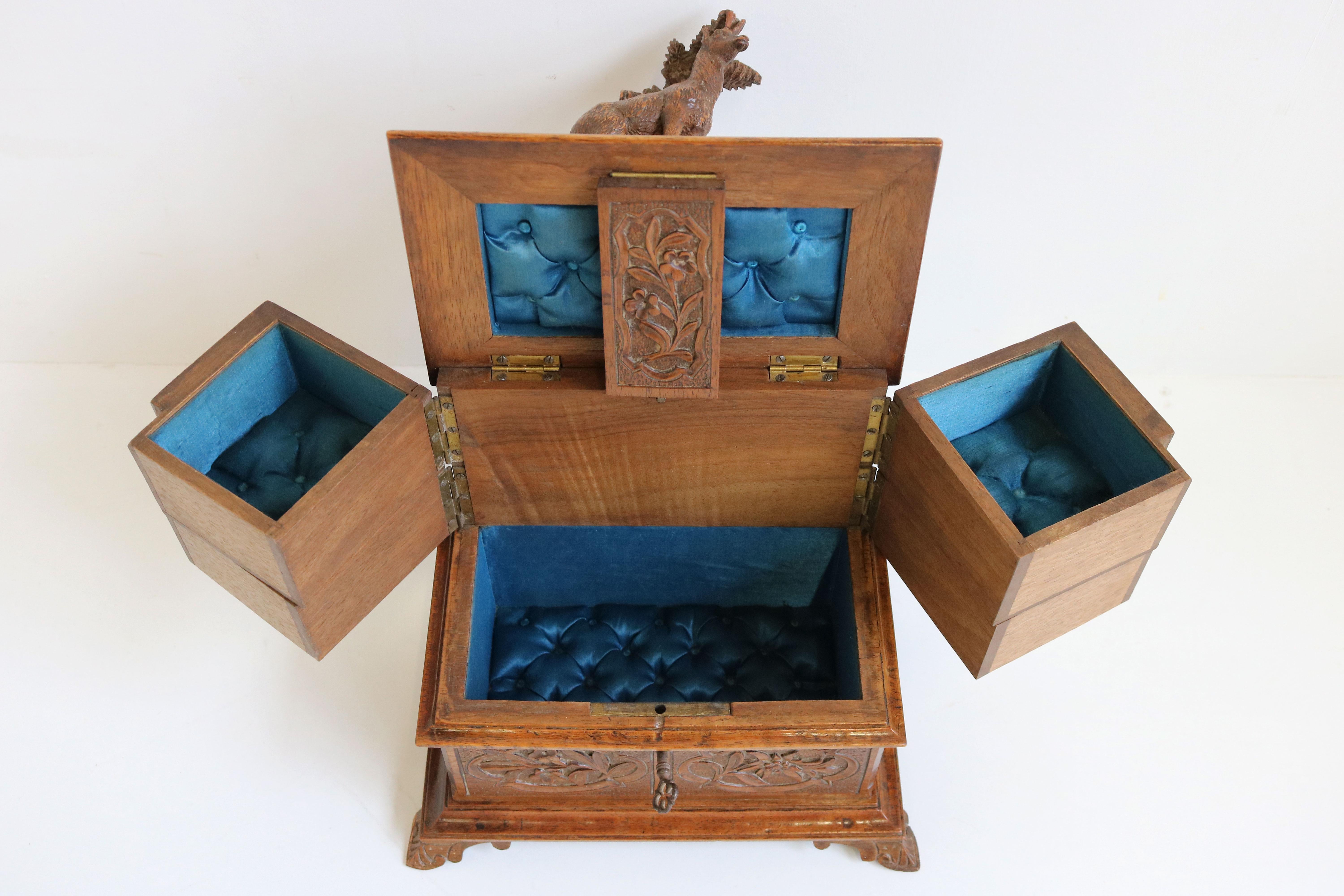 Antique Black Forest 19th Century Jewelry Box Carved Fruitwood Blue Velvet Chest 5