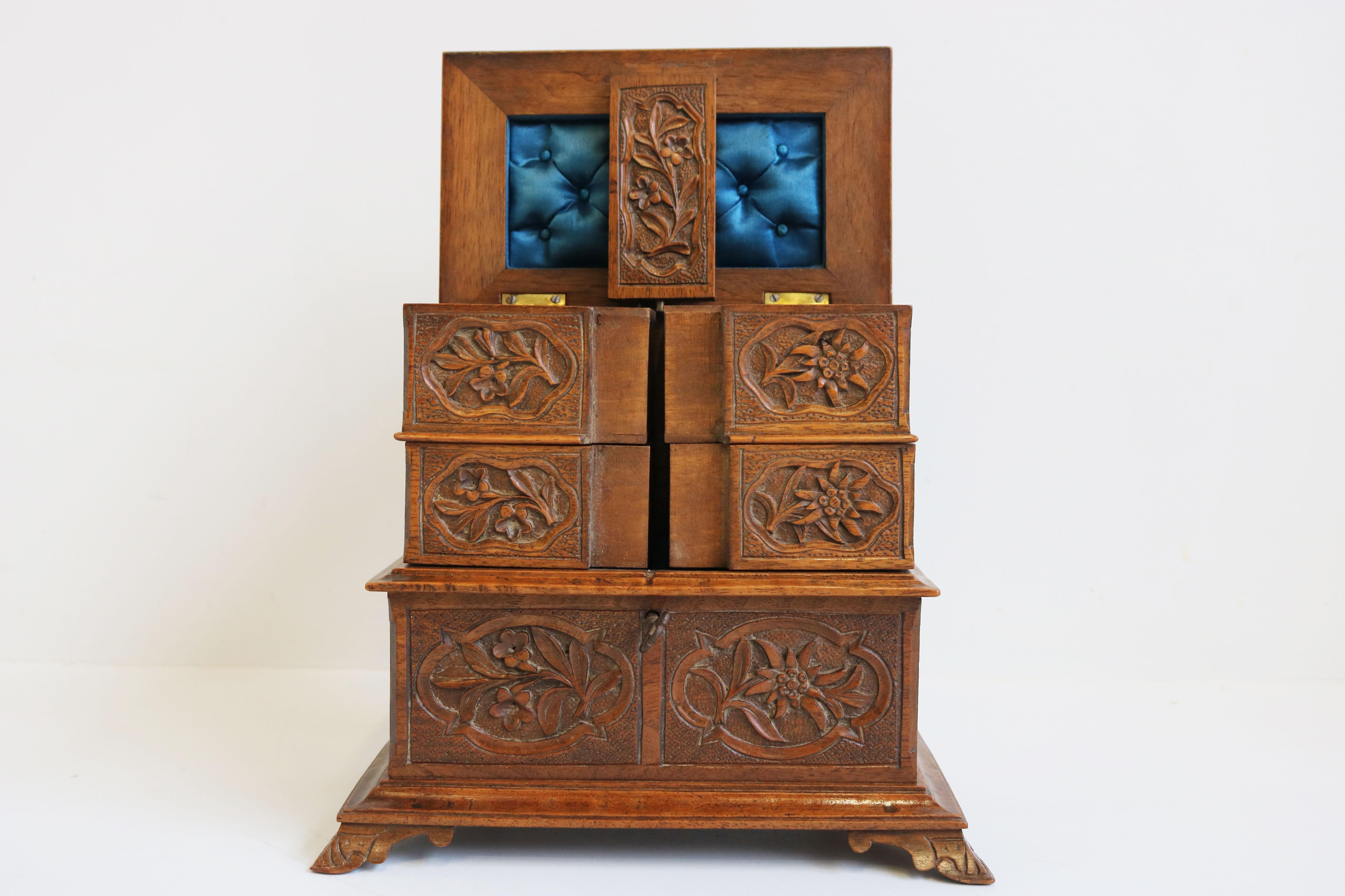 Late 19th Century Antique Black Forest 19th Century Jewelry Box Carved Fruitwood Blue Velvet Chest