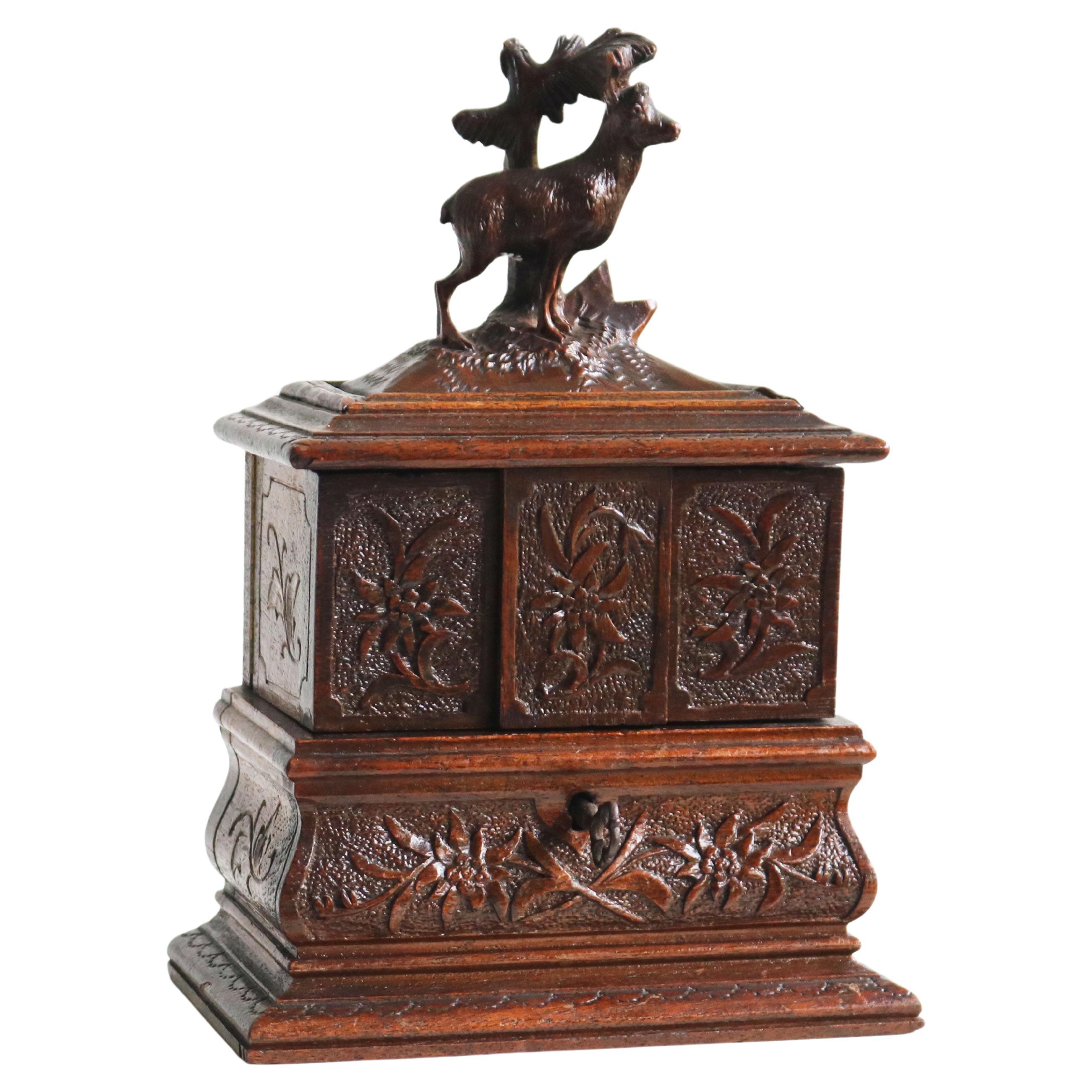 Antique Black Forest 19th Century Jewelry Box Carved Fruitwood Red Velvet Chest