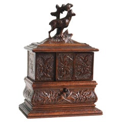Antique Black Forest 19th Century Jewelry Box Carved Fruitwood Red Velvet Chest