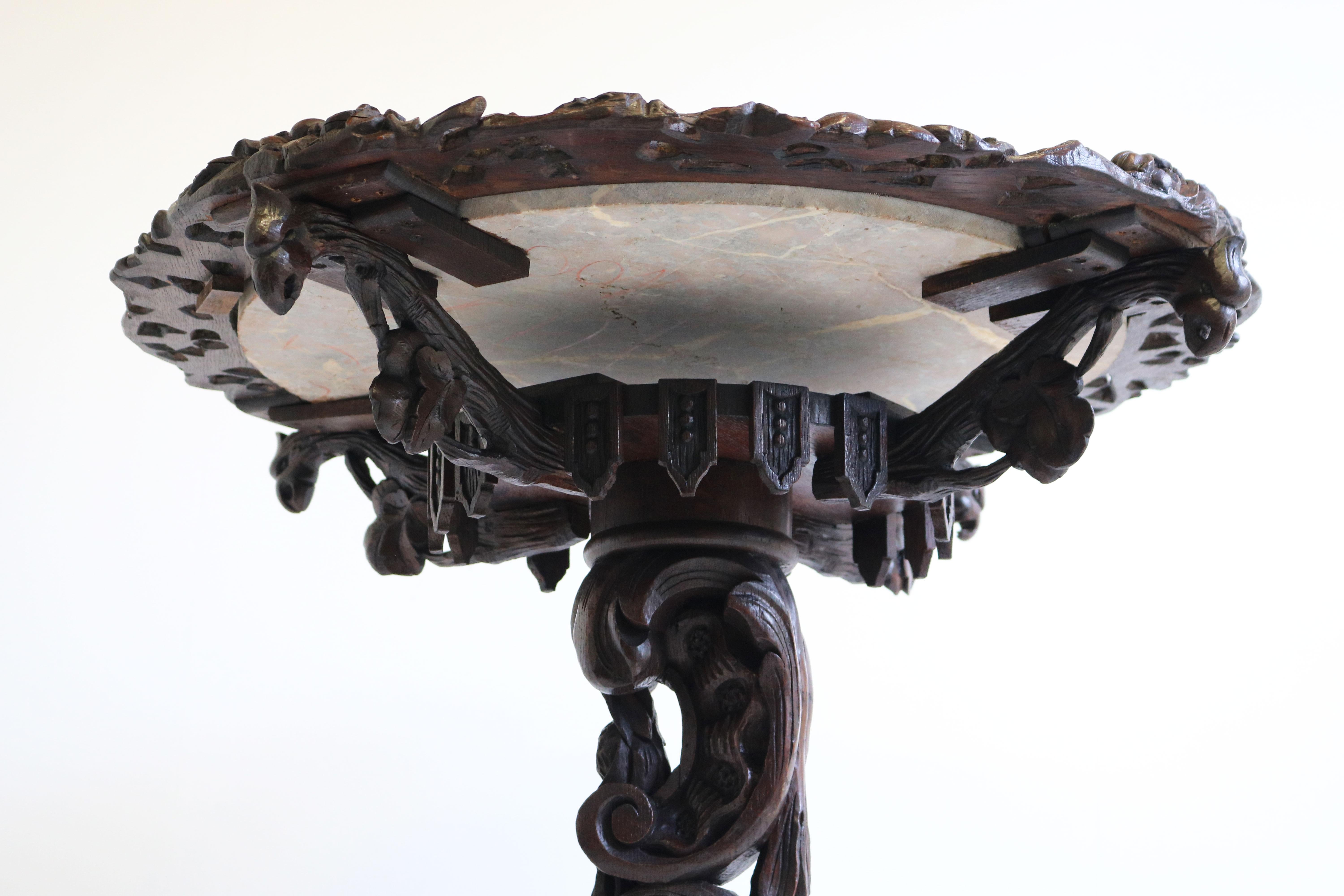 Antique Black Forest 19th Century Side / End Table Hunt Carved Oak & Marble Top For Sale 5
