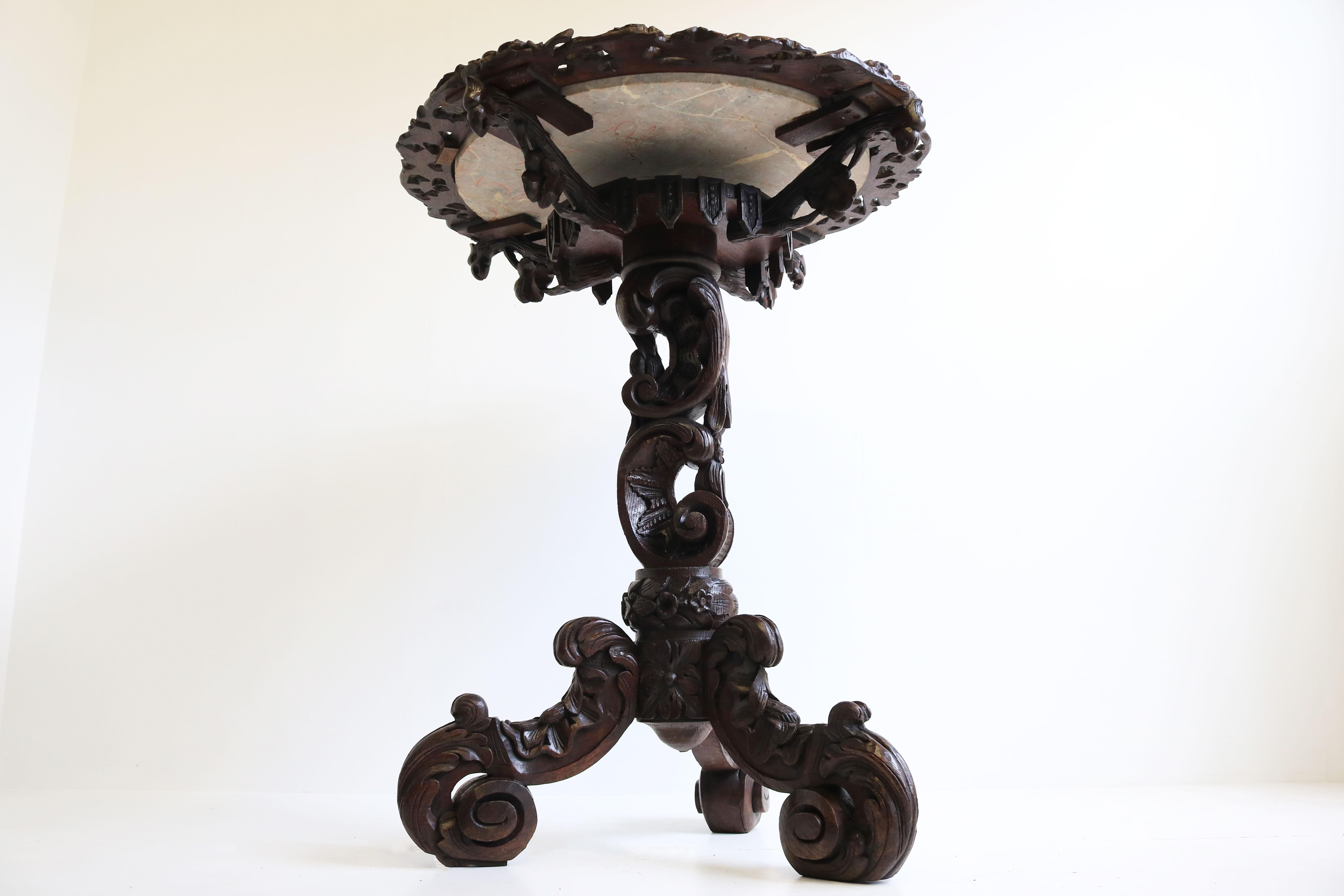 Antique Black Forest 19th Century Side / End Table Hunt Carved Oak & Marble Top For Sale 6