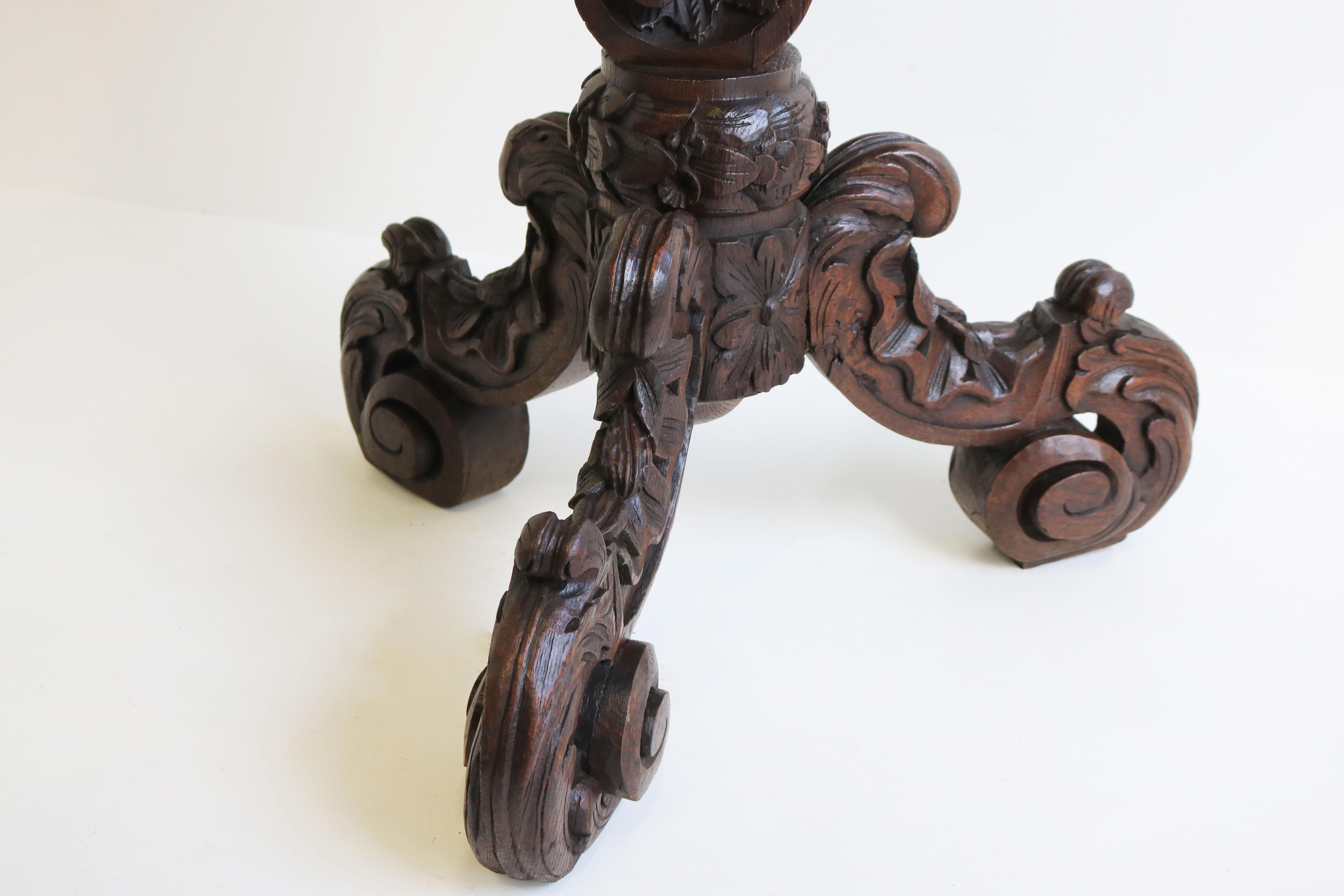 Antique Black Forest 19th Century Side / End Table Hunt Carved Oak & Marble Top For Sale 9