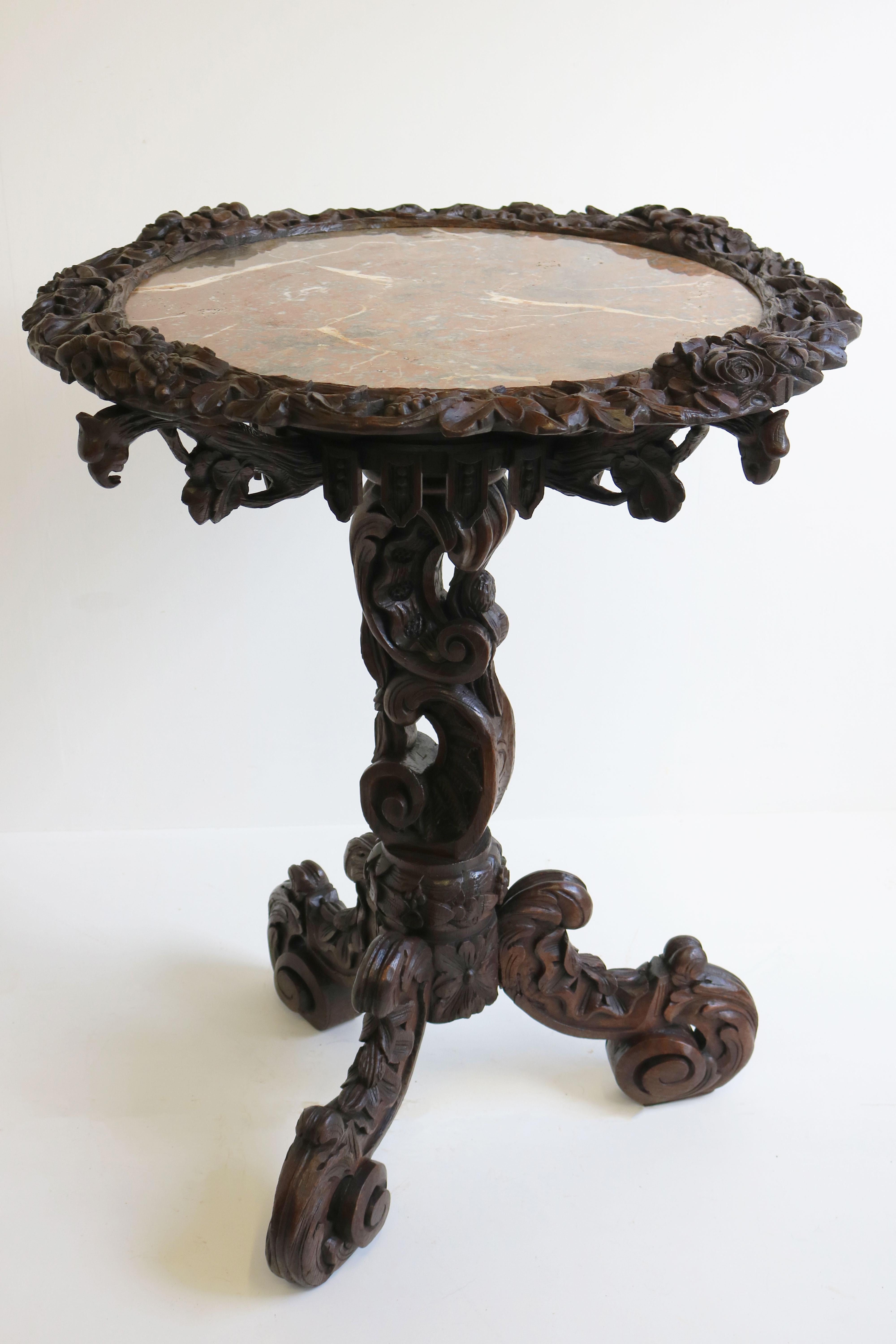 Antique Black Forest 19th Century Side / End Table Hunt Carved Oak & Marble Top For Sale 12