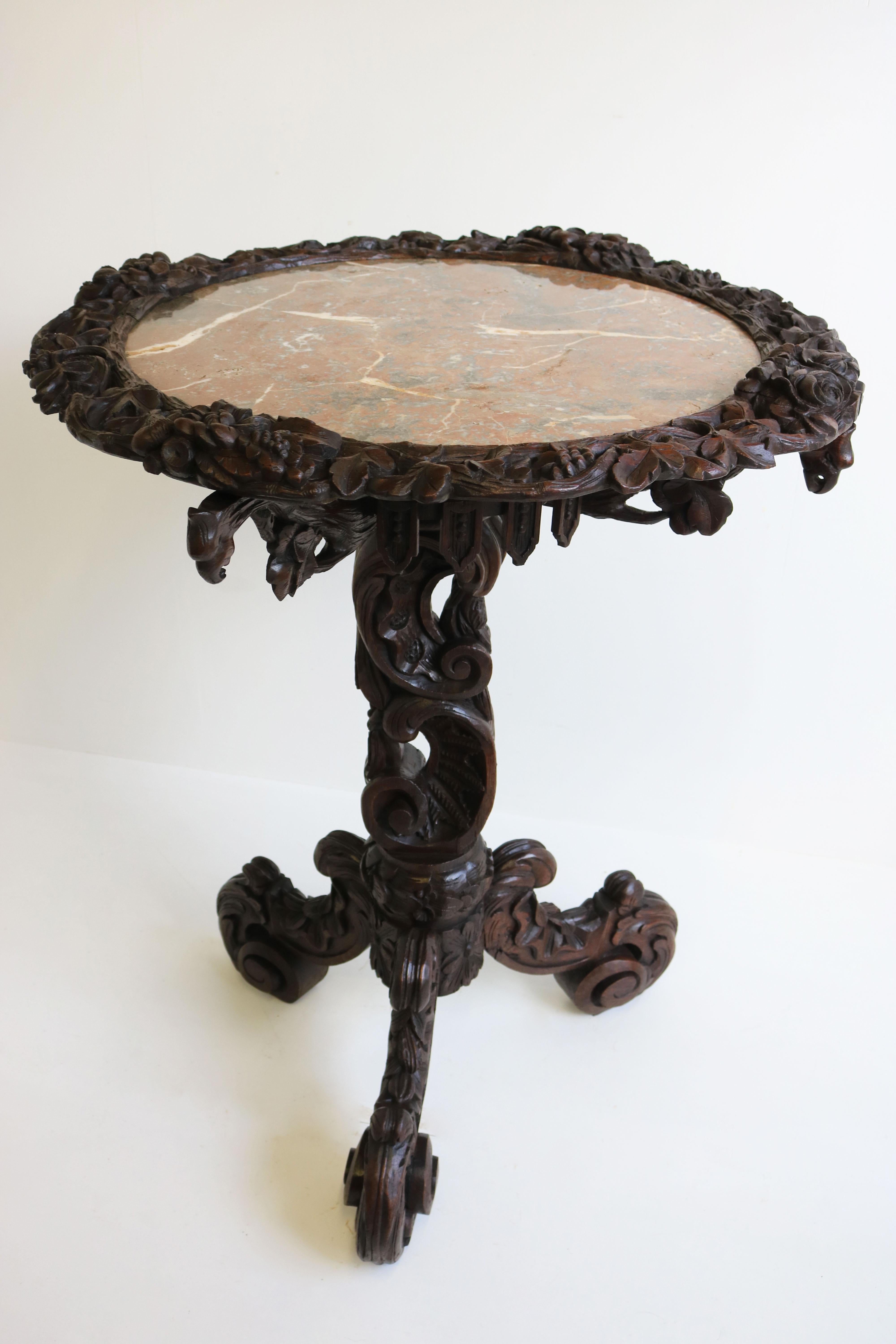 French Antique Black Forest 19th Century Side / End Table Hunt Carved Oak & Marble Top For Sale