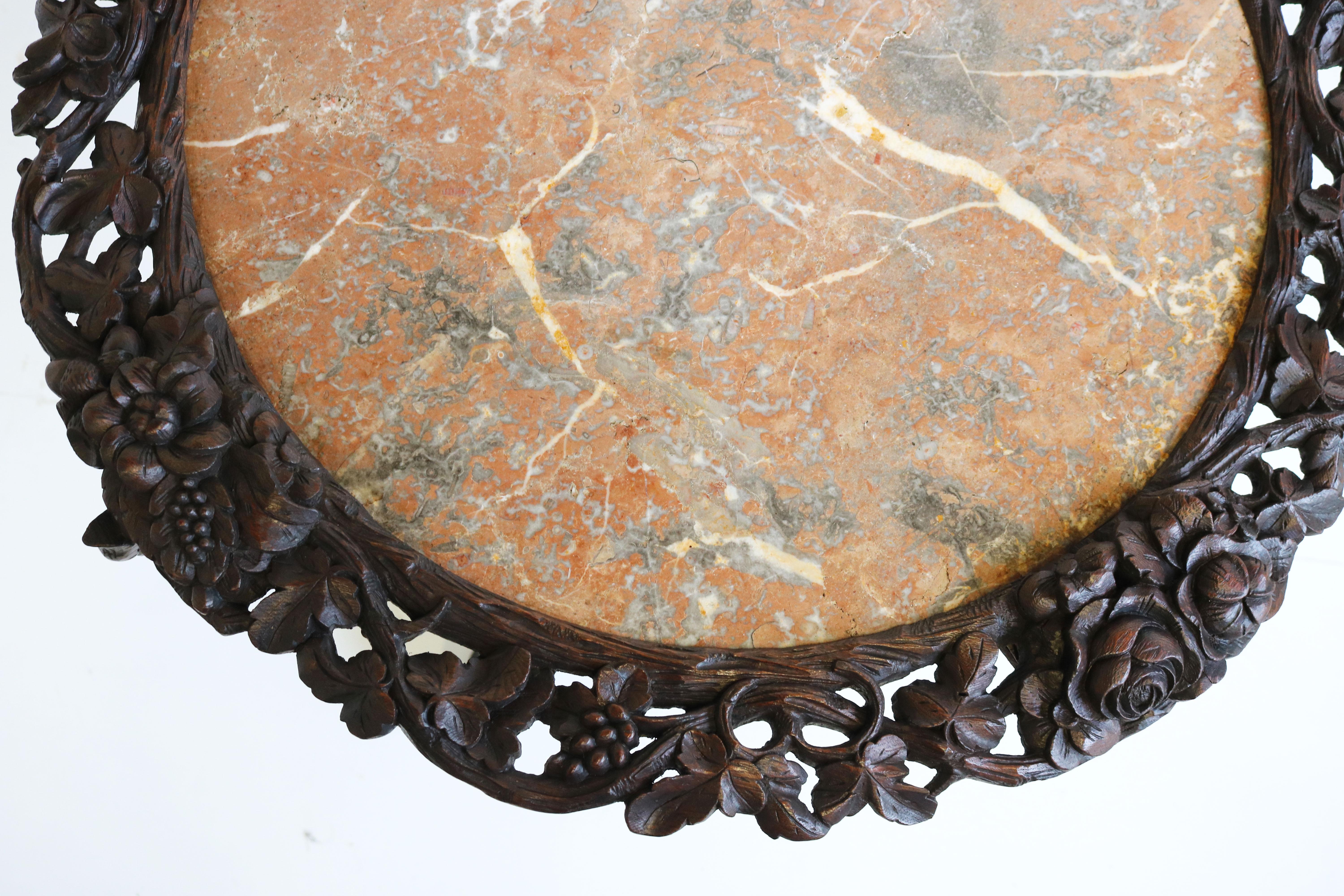 Hand-Crafted Antique Black Forest 19th Century Side / End Table Hunt Carved Oak & Marble Top For Sale