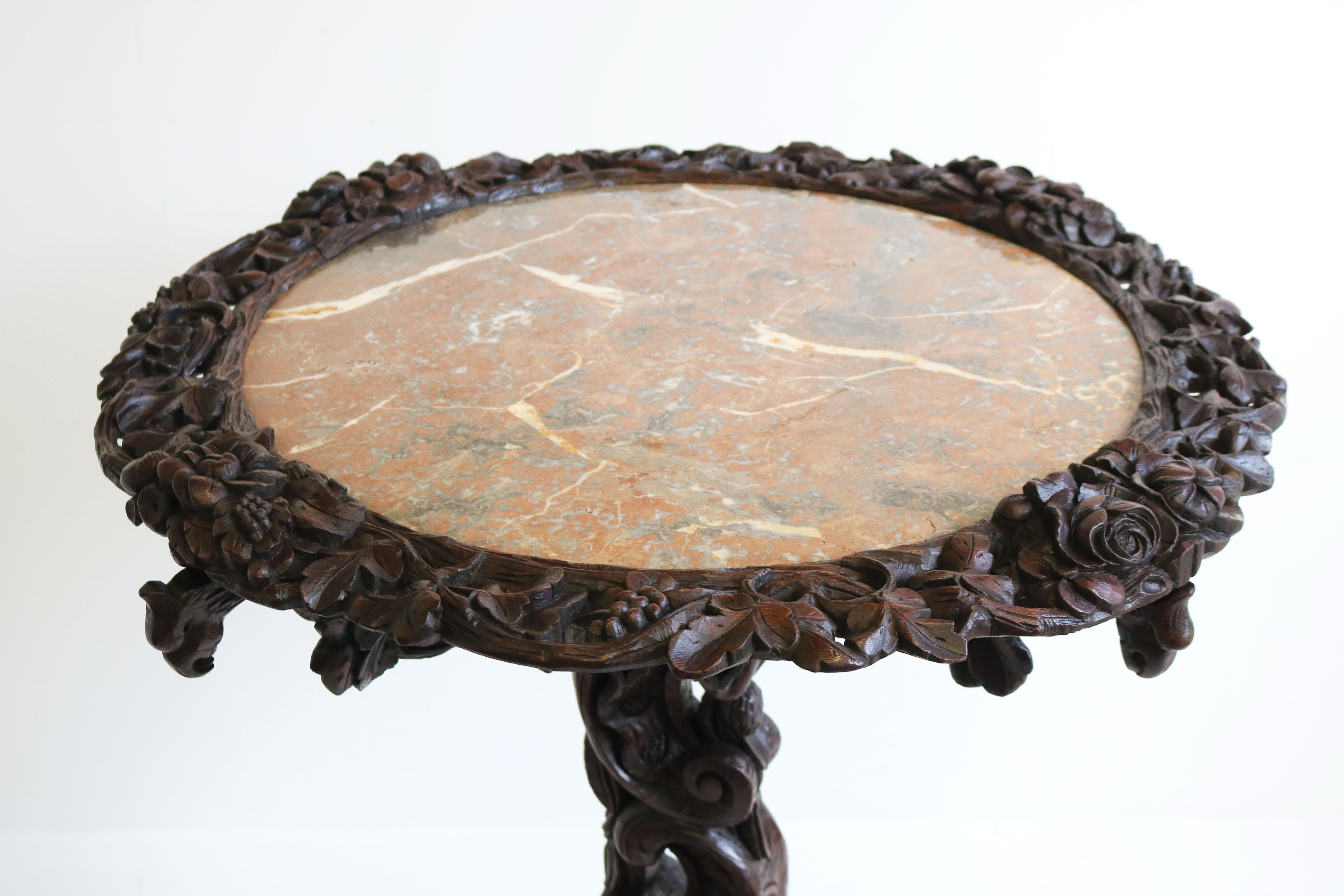 Antique Black Forest 19th Century Side / End Table Hunt Carved Oak & Marble Top For Sale 1