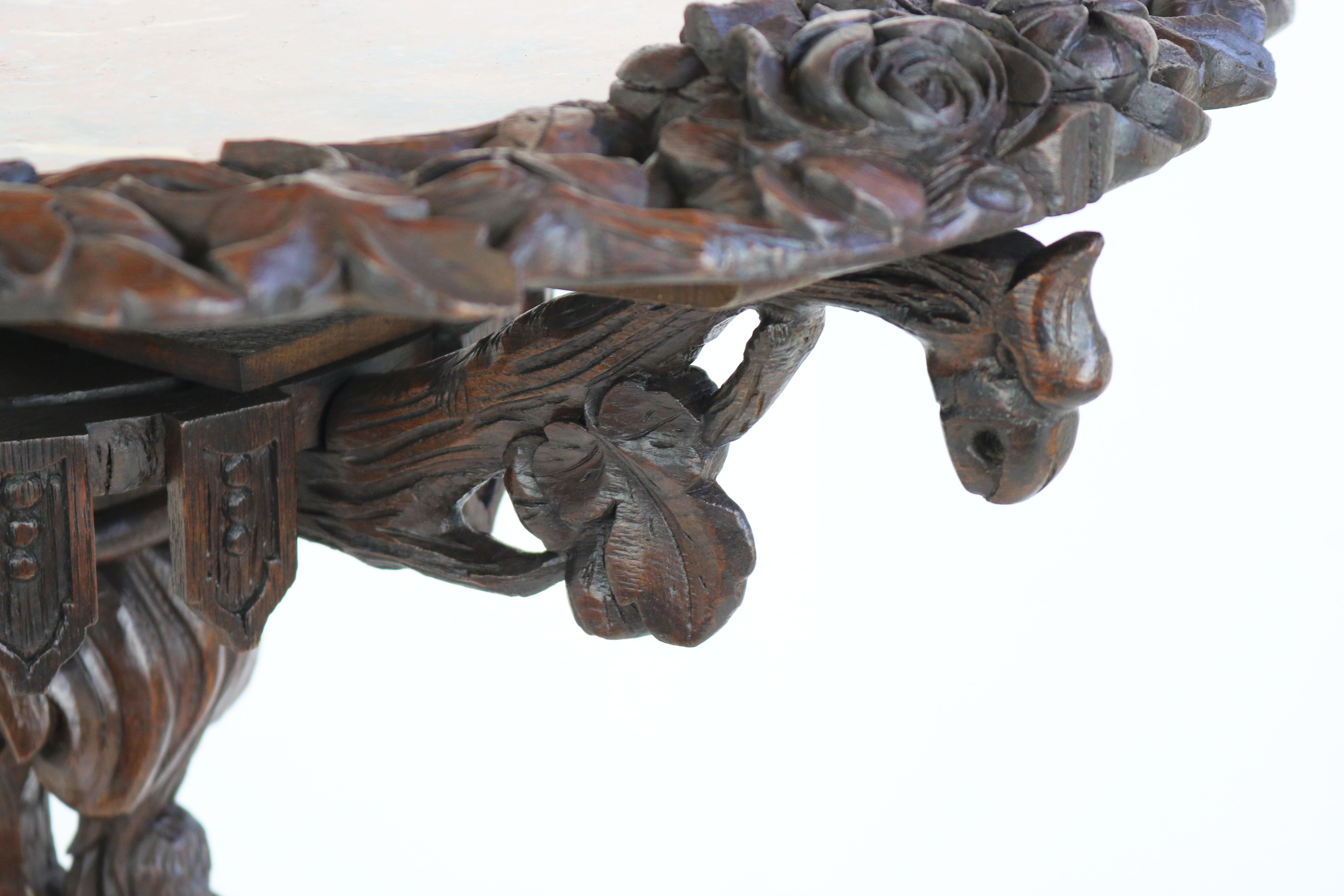 Antique Black Forest 19th Century Side / End Table Hunt Carved Oak & Marble Top For Sale 2