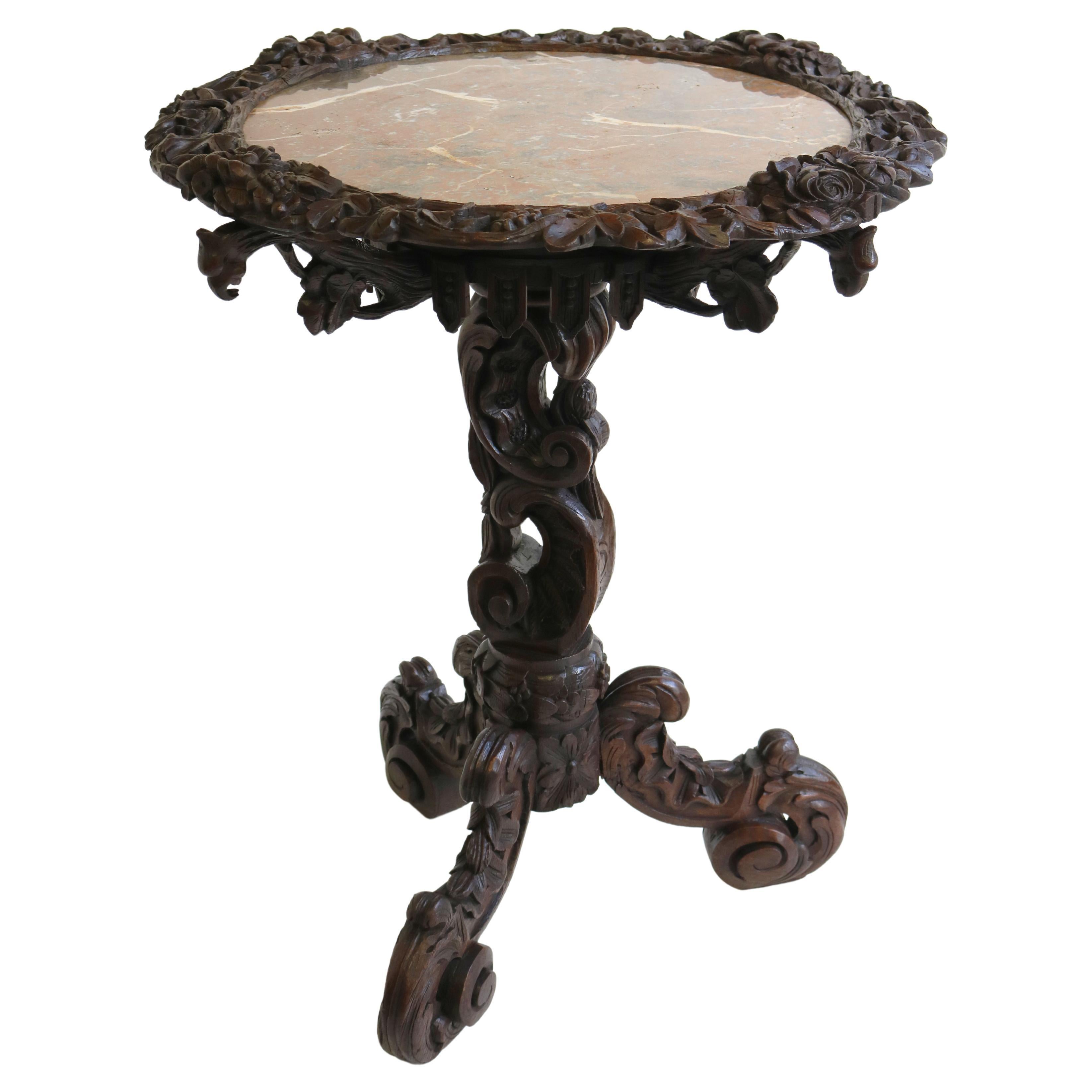 Antique Black Forest 19th Century Side / End Table Hunt Carved Oak & Marble Top For Sale