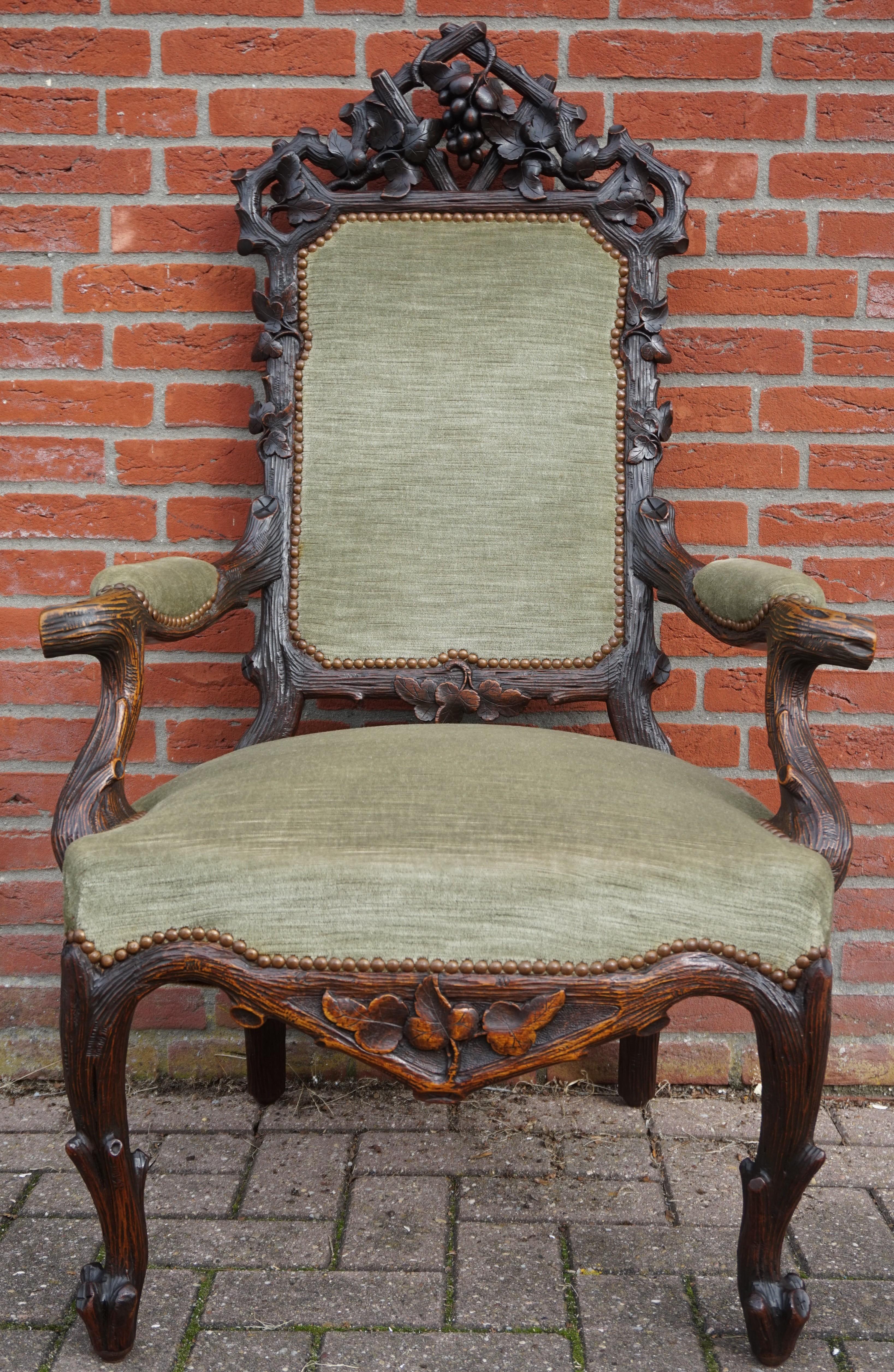 Brass Antique Black Forest Armchair or Reading Chair by Horrix with Perfect Upholstery For Sale