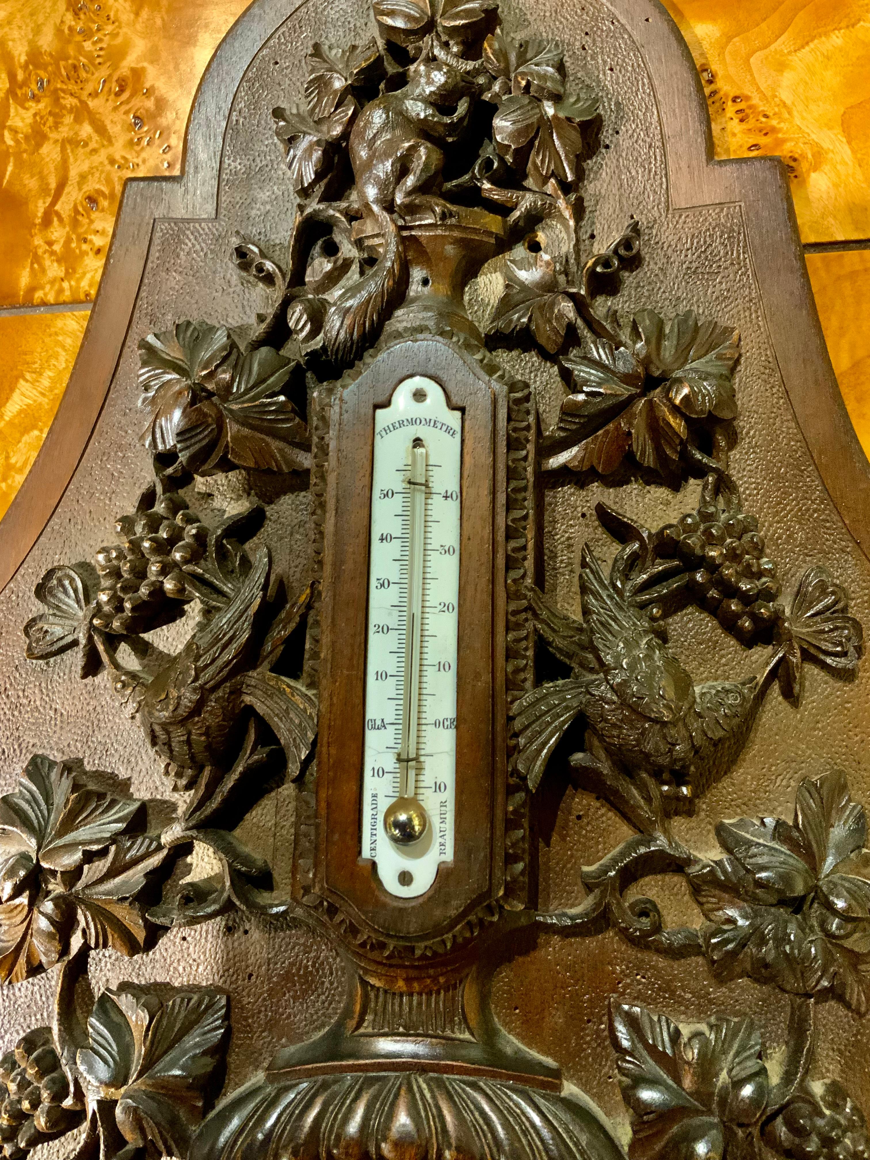 French Antique Black Forest barometer with humming birds and grapes hand carved For Sale