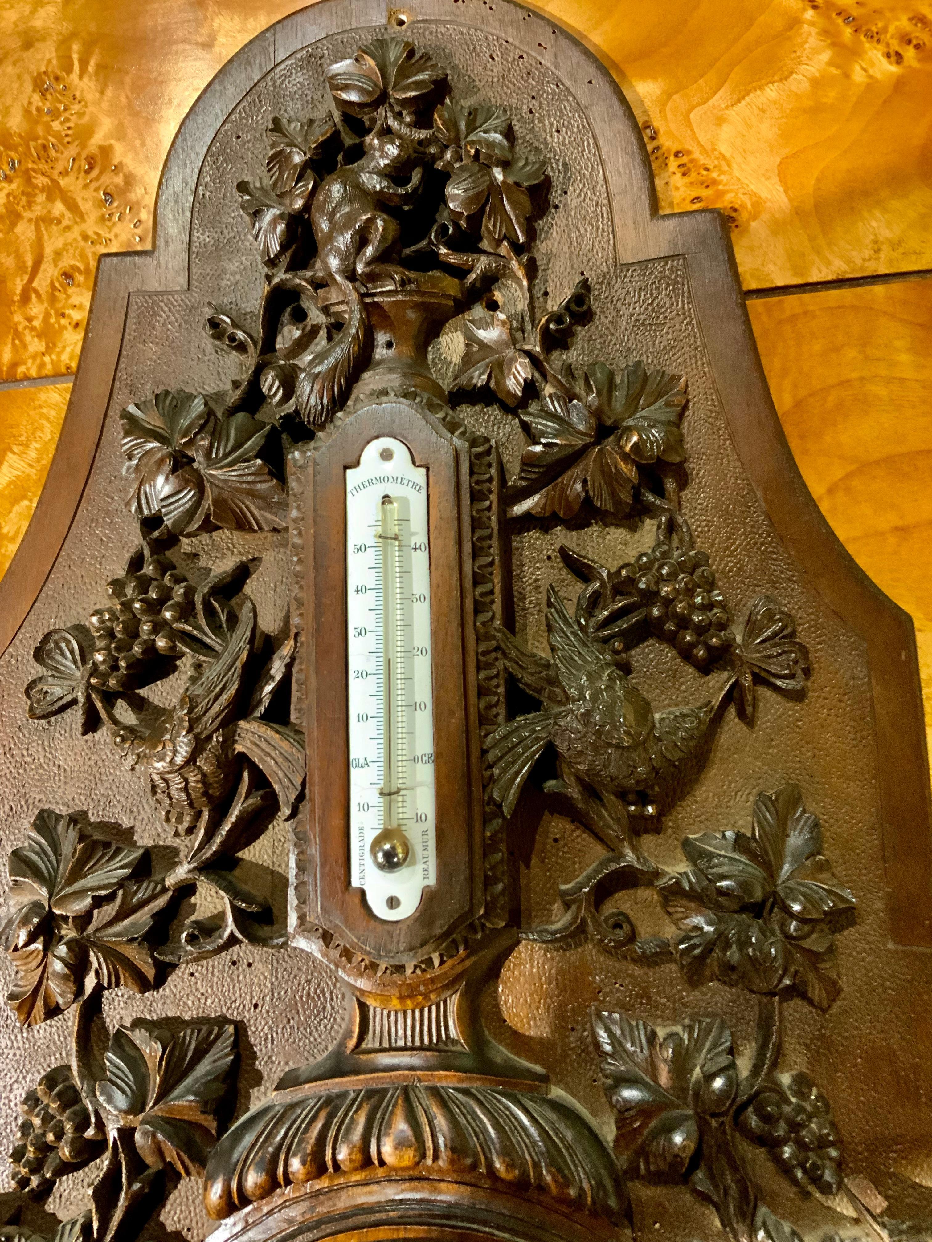 19th Century Antique Black Forest barometer with humming birds and grapes hand carved For Sale