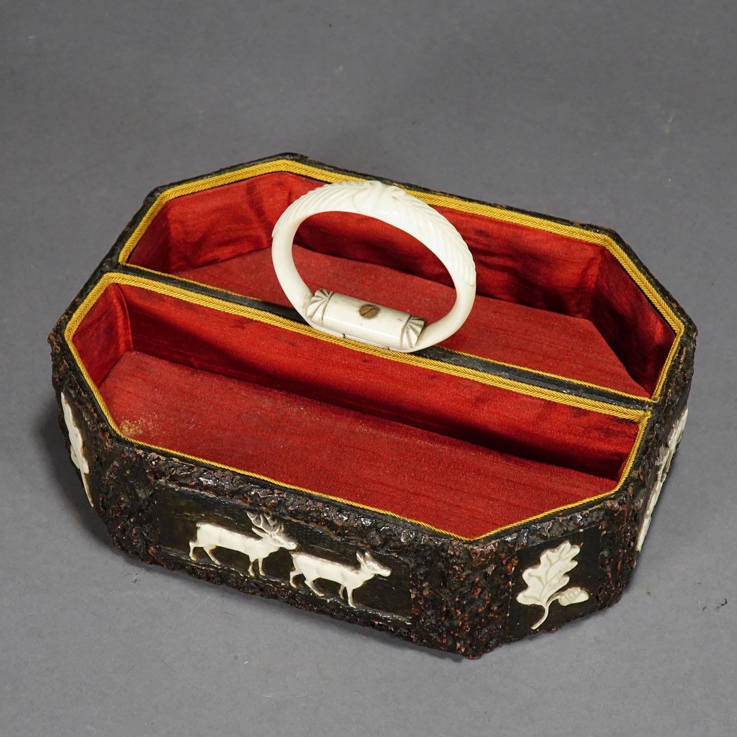 19th Century Antique Black Forest Basket with Carved Horn Plaques, ca. 1860