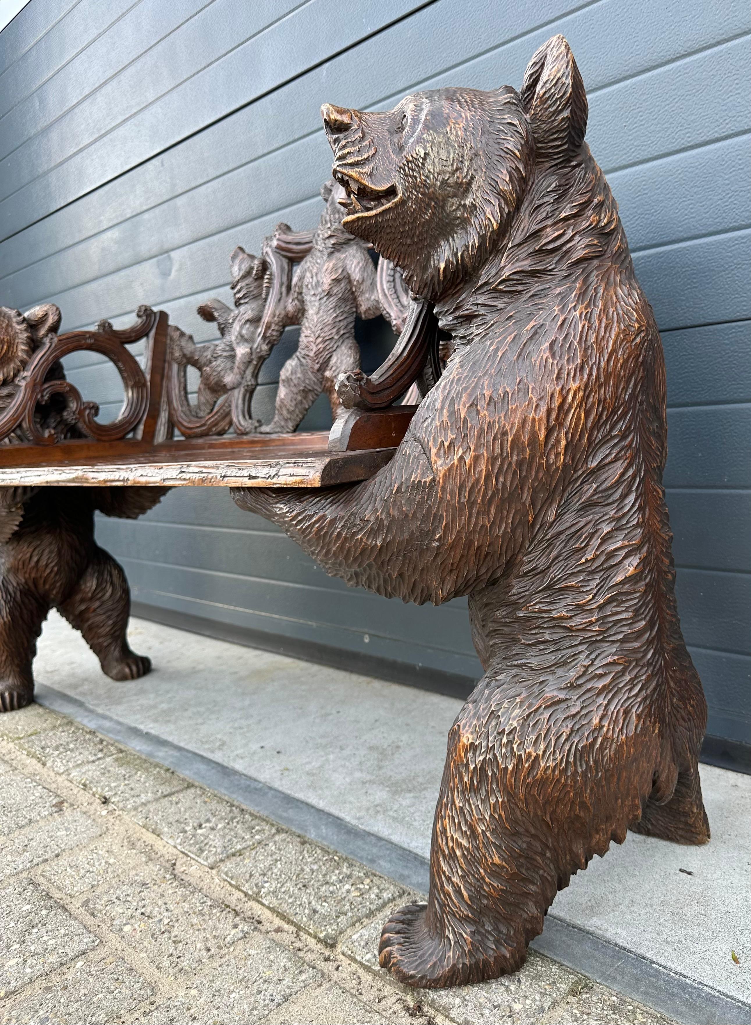 Antique Black Forest Bear Bench w. Five Bear Sculptures & Carved Oak Leaf Seat For Sale 3