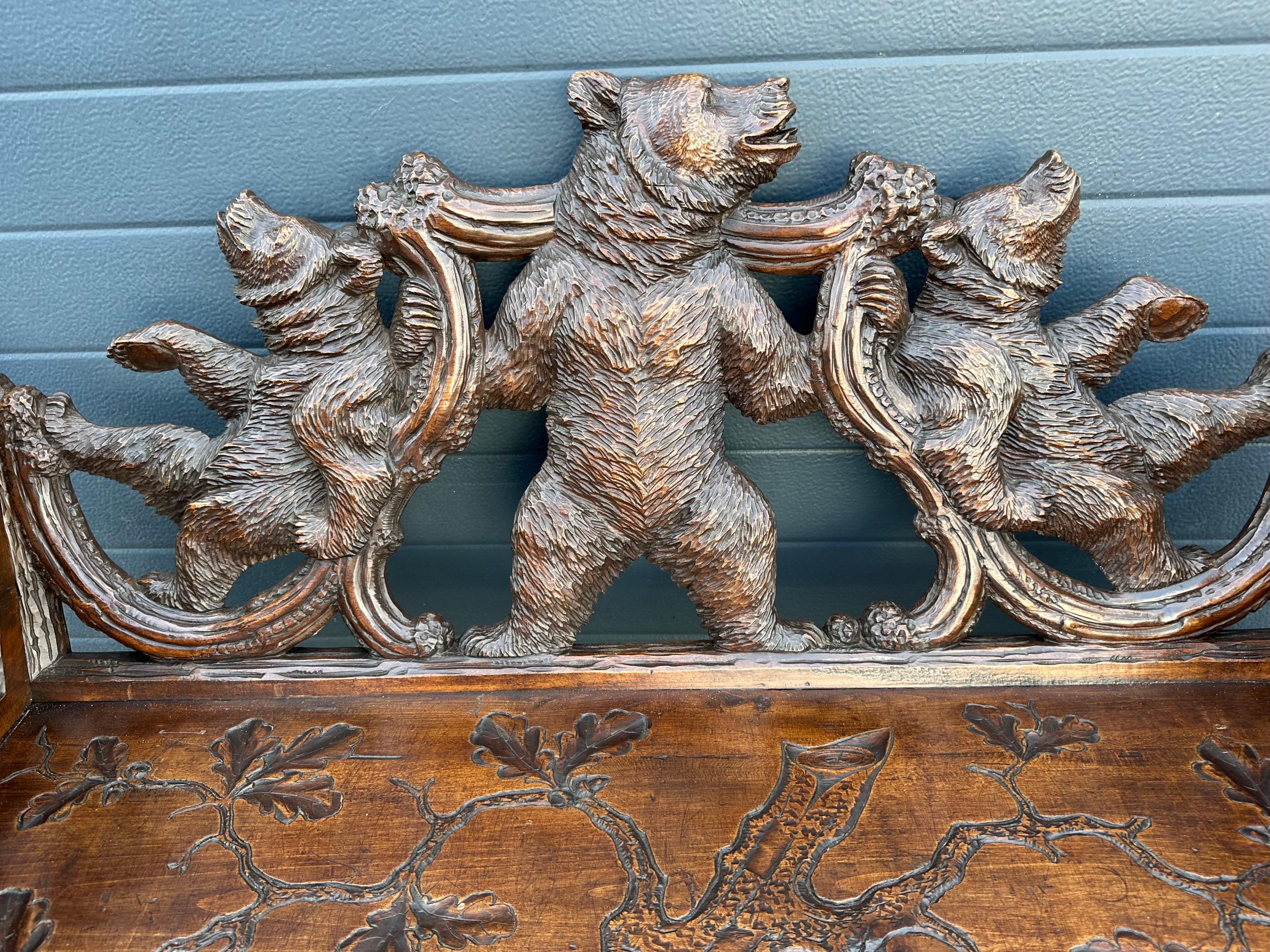 Antique Black Forest Bear Bench w. Five Bear Sculptures & Carved Oak Leaf Seat For Sale 6