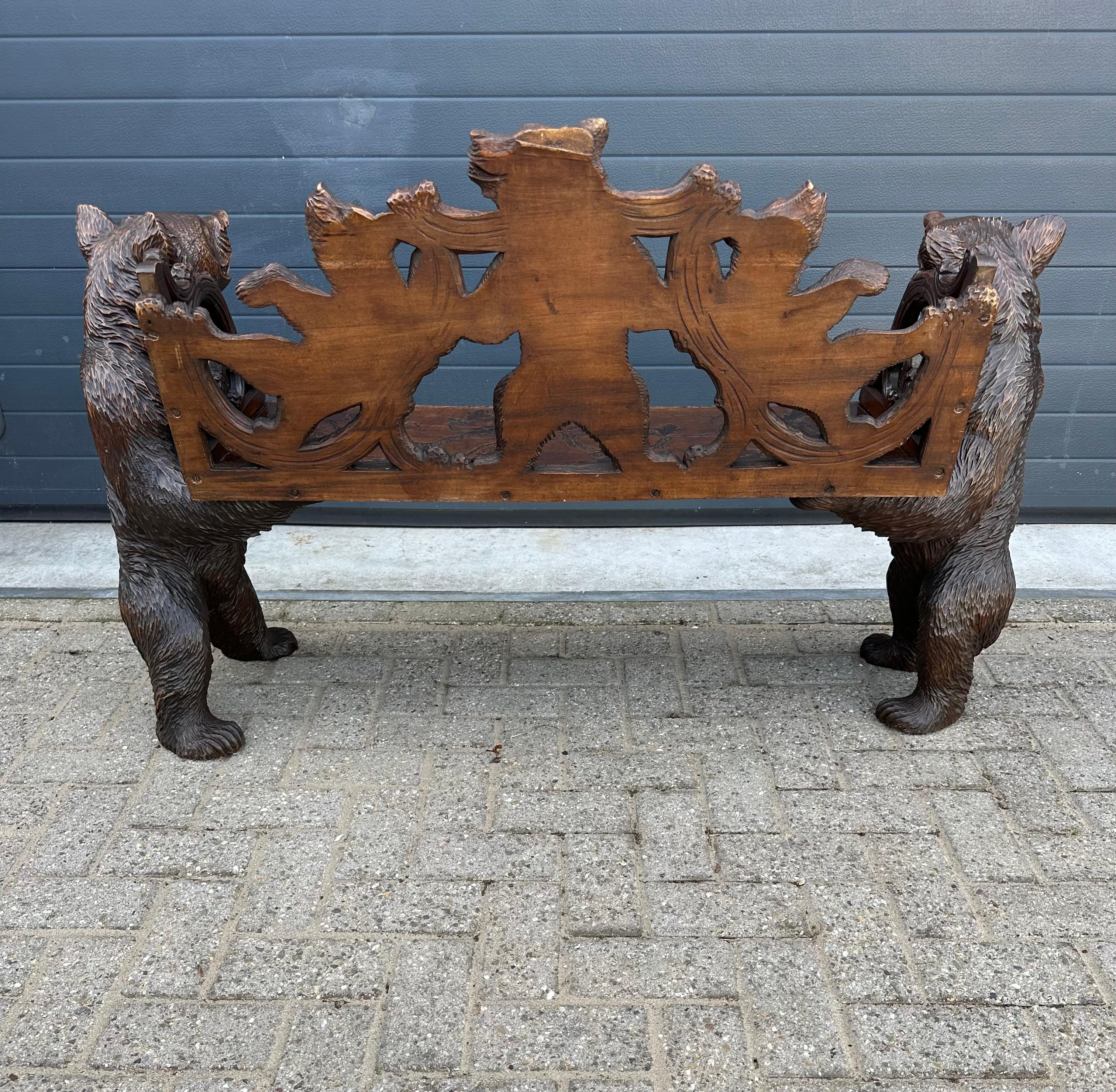 Antique Black Forest Bear Bench w. Five Bear Sculptures & Carved Oak Leaf Seat For Sale 9