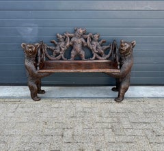 Antique Black Forest Bear Bench w. Five Bear Sculptures & Carved Oak Leaf Seat
