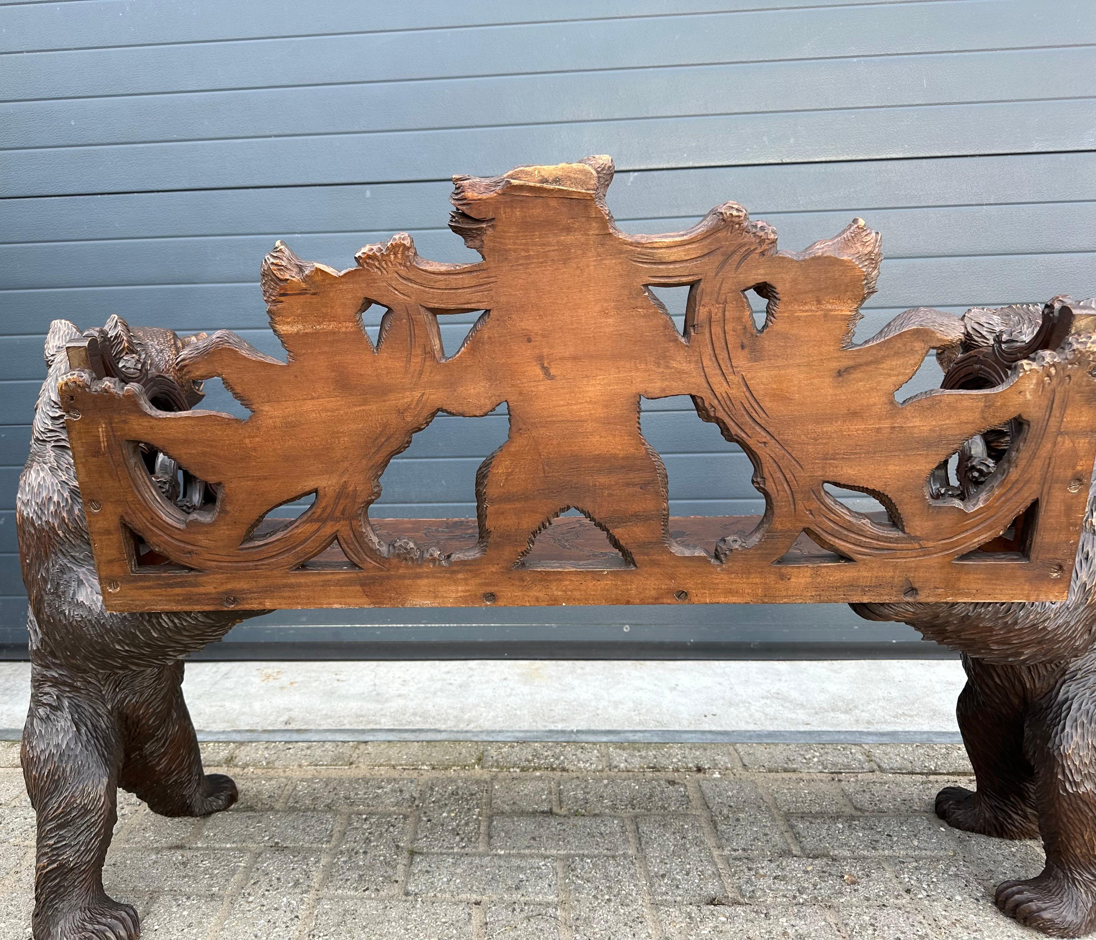 Antique Black Forest Bear Bench w. Five Bear Sculptures & Carved Oak Leaf Seat For Sale 13