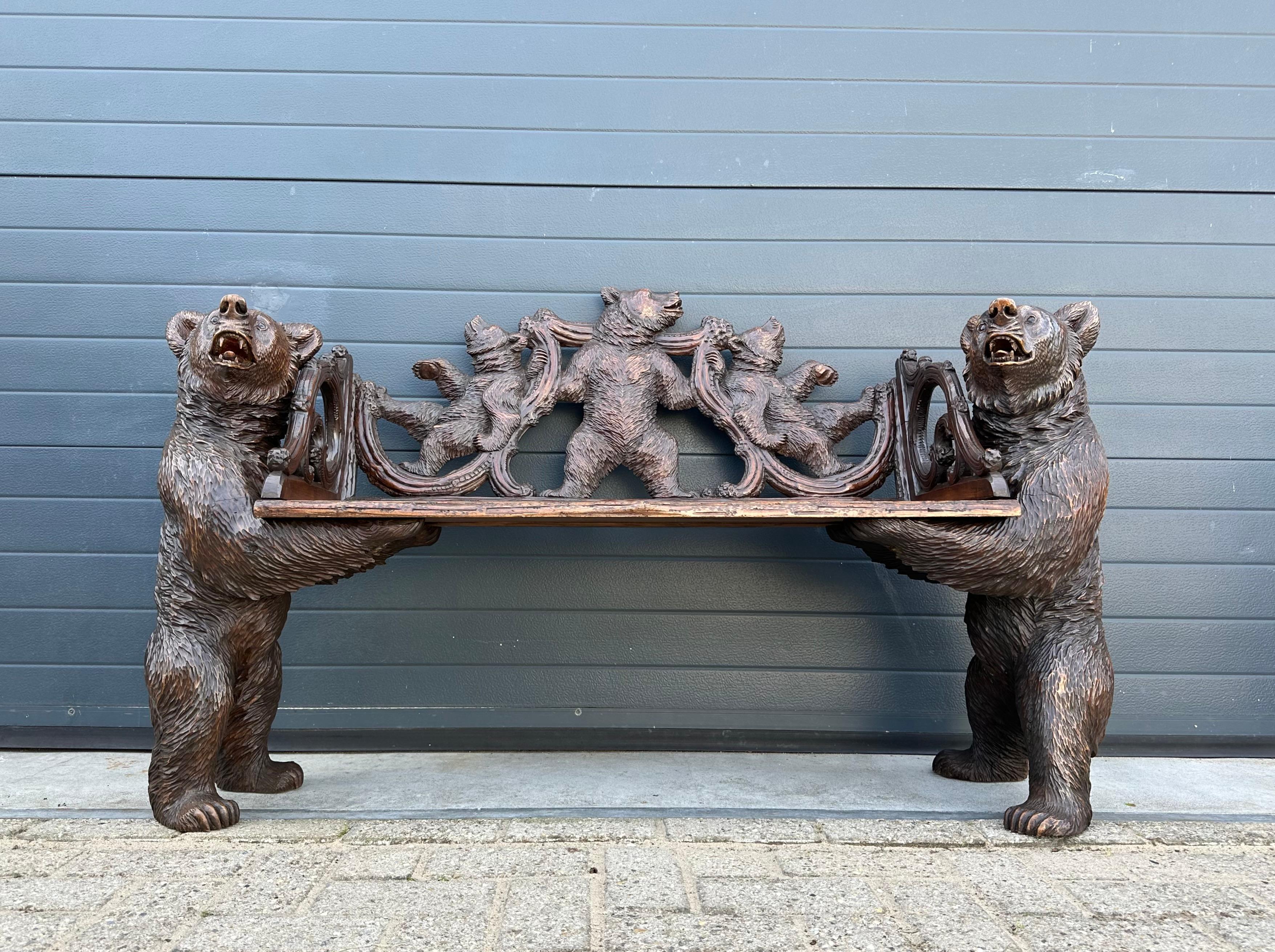 Swiss Antique Black Forest Bear Bench w. Five Bear Sculptures & Carved Oak Leaf Seat For Sale