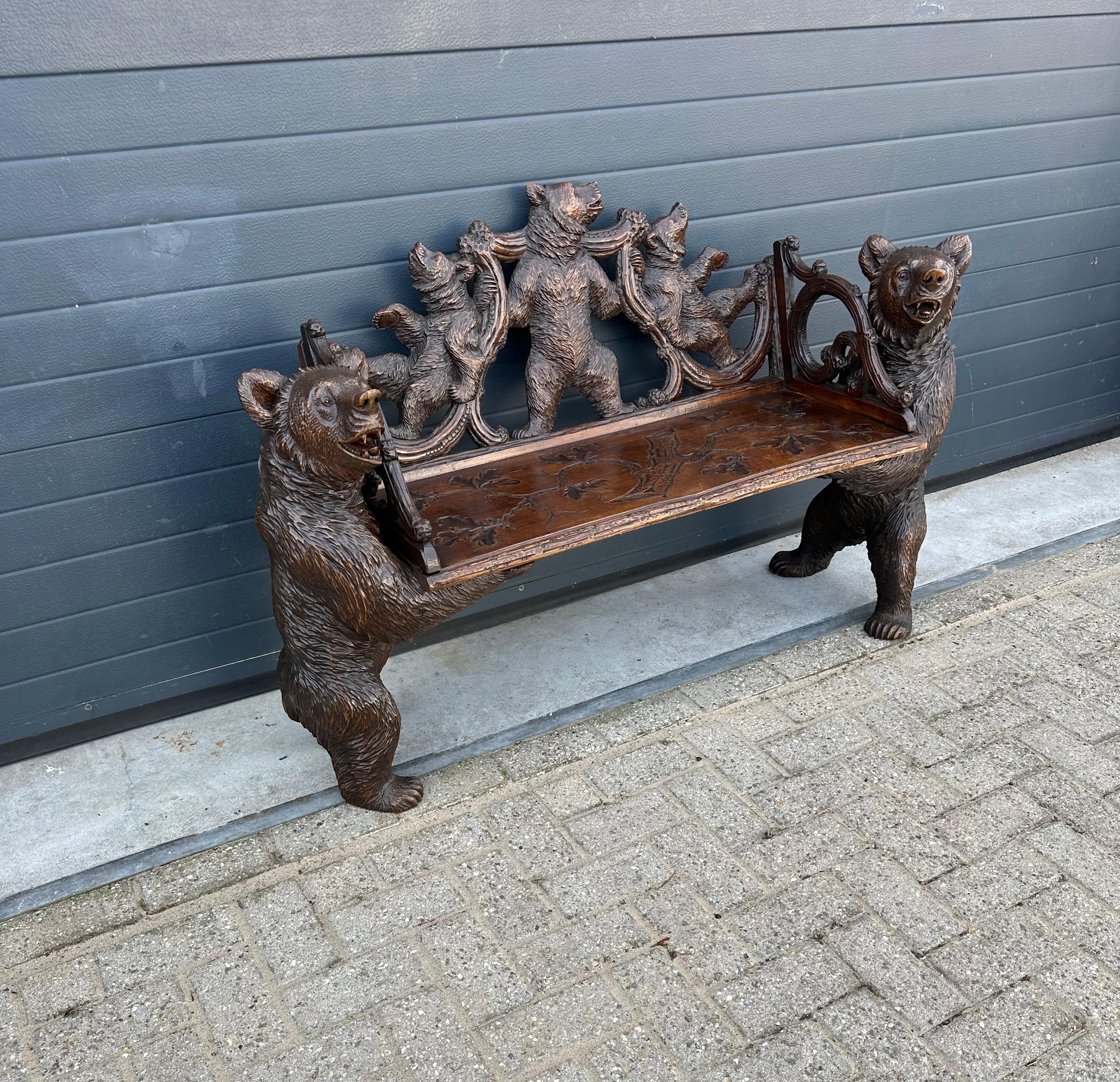 Hand-Carved Antique Black Forest Bear Bench w. Five Bear Sculptures & Carved Oak Leaf Seat For Sale