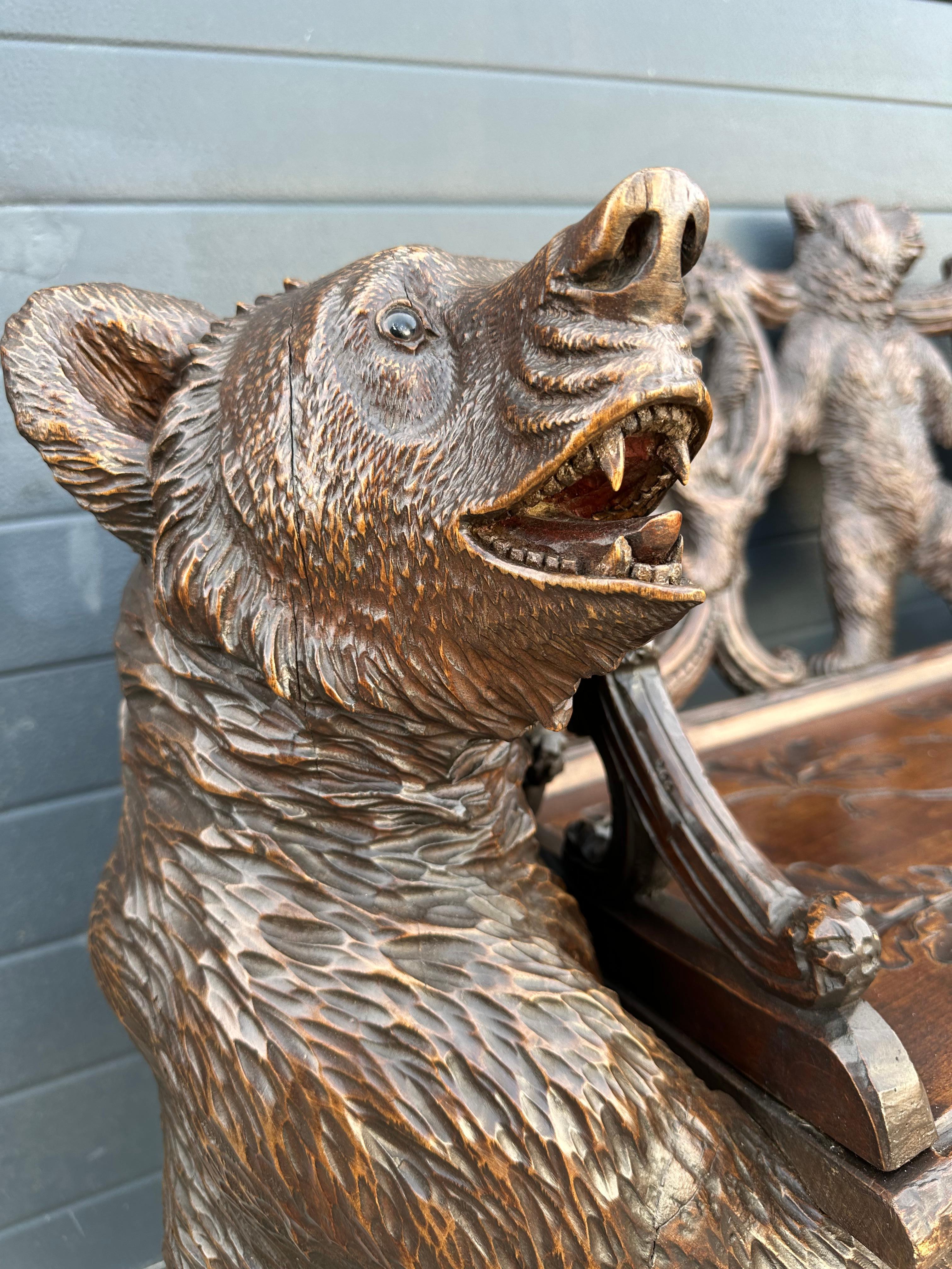 20th Century Antique Black Forest Bear Bench w. Five Bear Sculptures & Carved Oak Leaf Seat For Sale