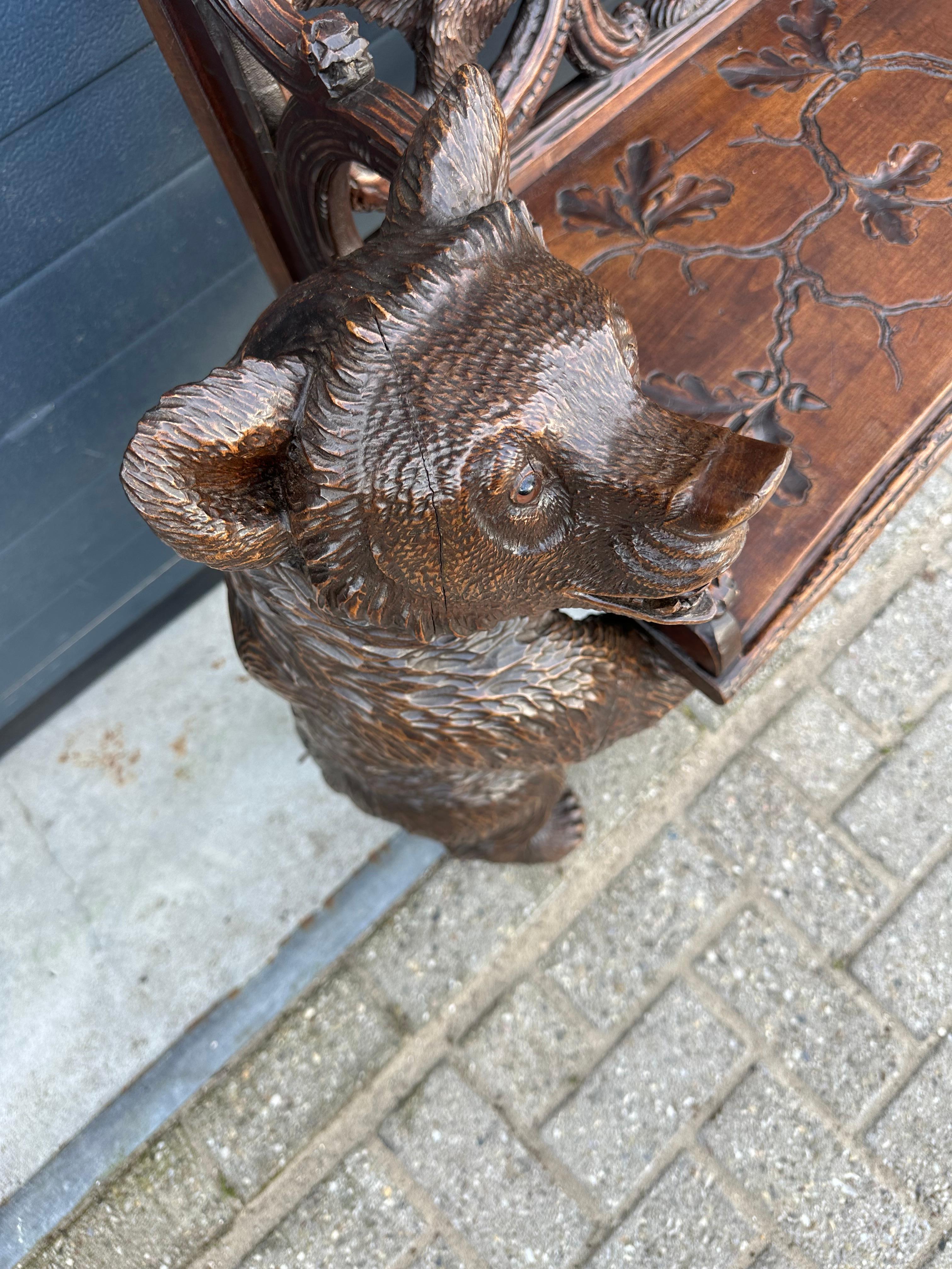 Glass Antique Black Forest Bear Bench w. Five Bear Sculptures & Carved Oak Leaf Seat For Sale