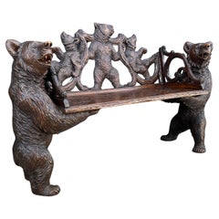  Antique Black Forest Bear Bench w. Five Bear Sculptures & Carved Oak Leaf Seat