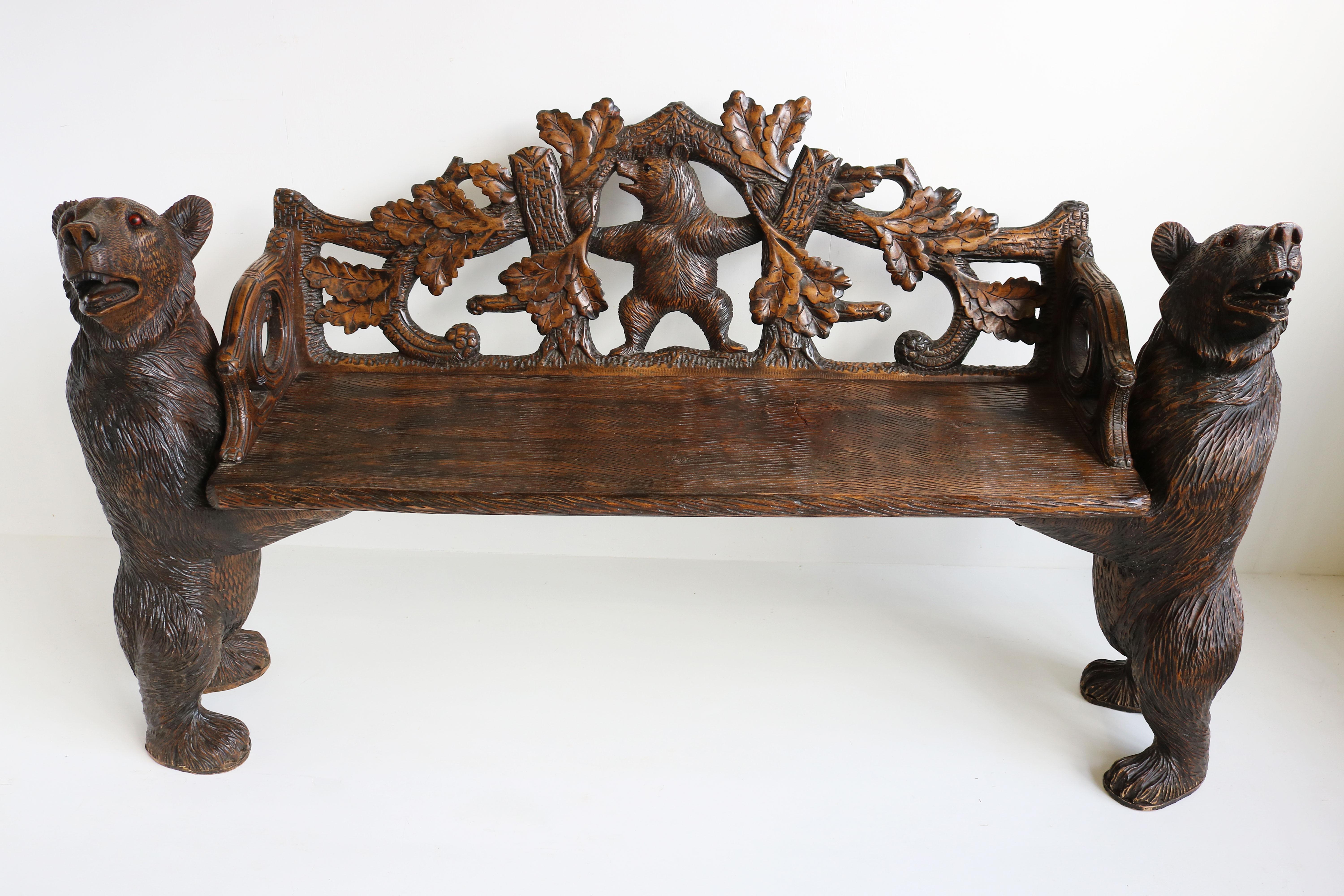 Antique Black Forest Bench Hallway Swiss Bear Carved 20th Century Sofa Loveseat For Sale 3