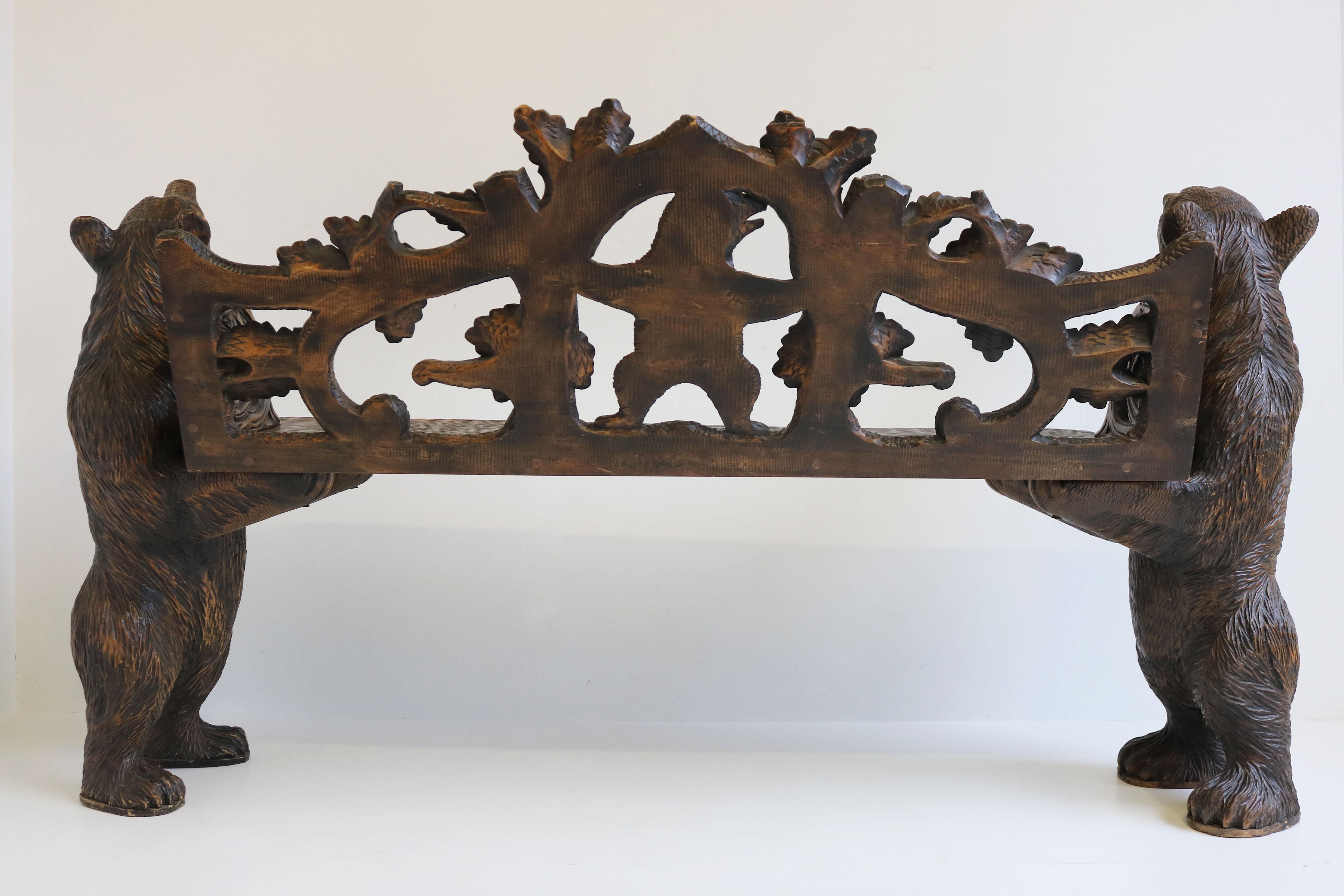 Antique Black Forest Bench Hallway Swiss Bear Carved 20th Century Sofa Loveseat For Sale 11