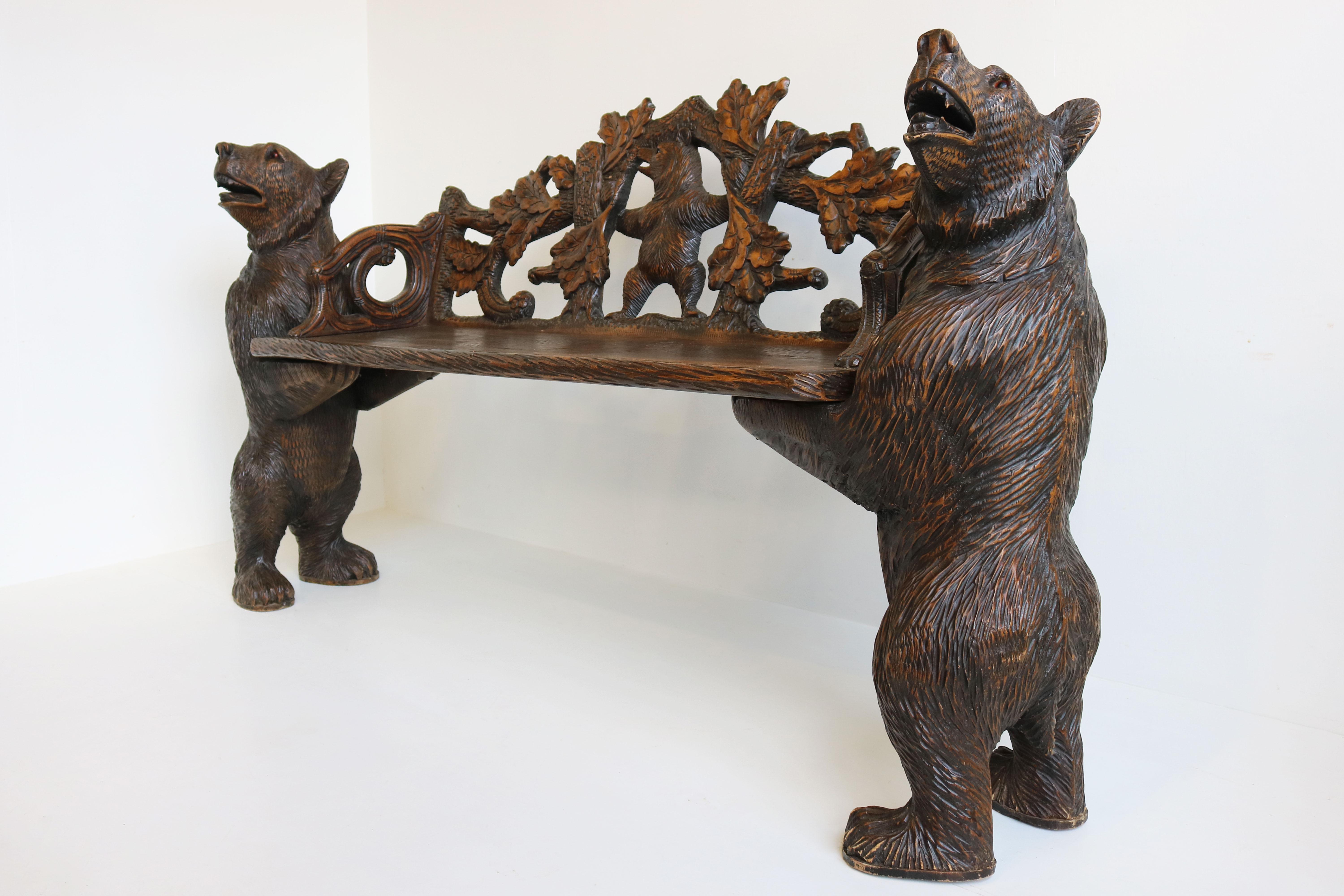 Oak Antique Black Forest Bench Hallway Swiss Bear Carved 20th Century Sofa Loveseat For Sale