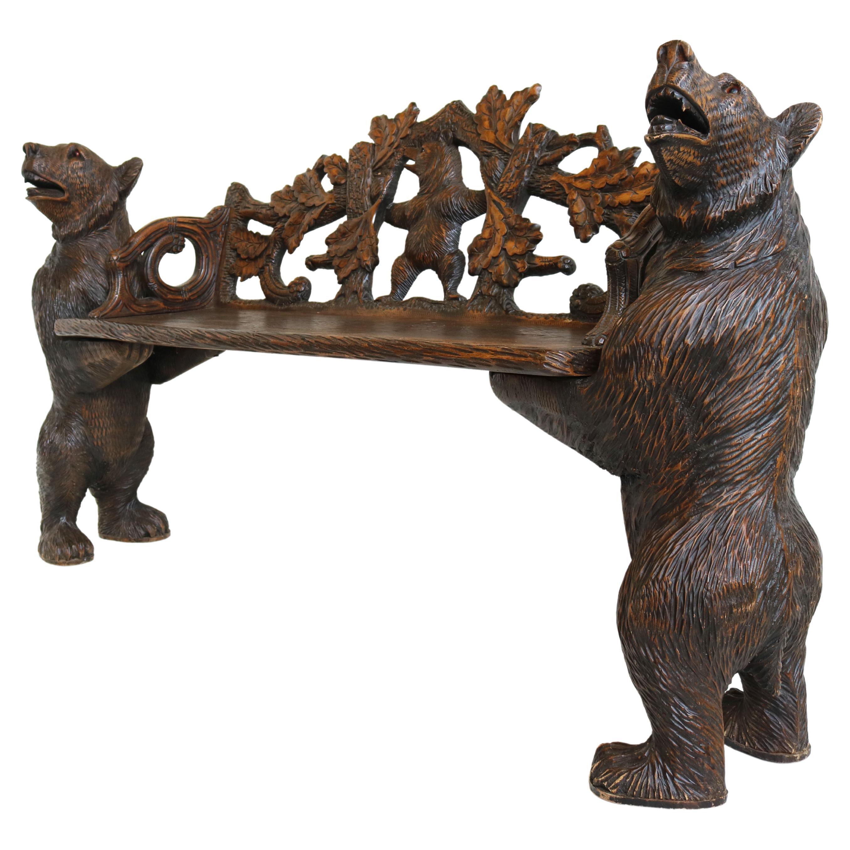 Antique Black Forest Bench Hallway Swiss Bear Carved 20th Century Sofa Loveseat For Sale