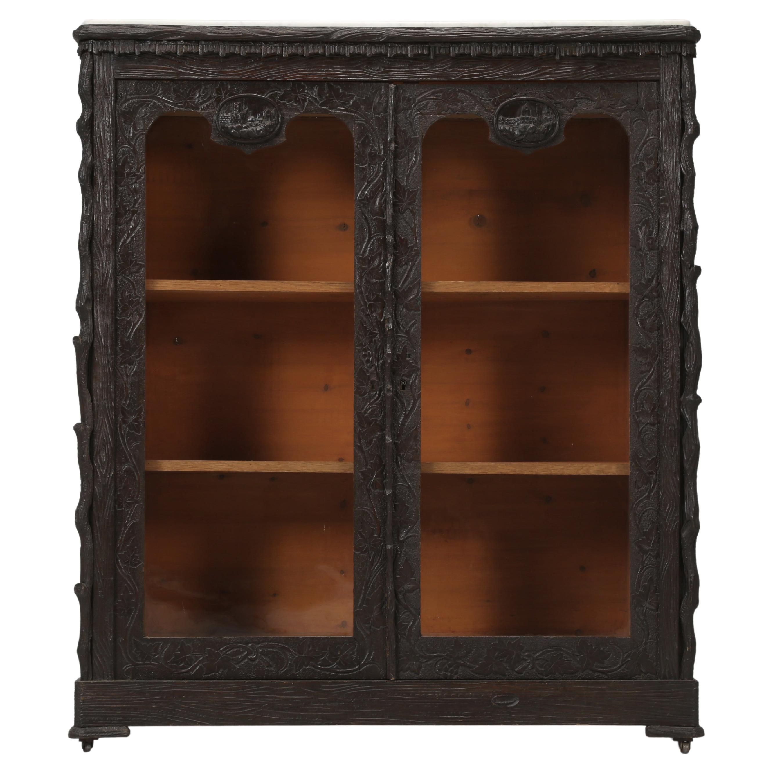 Antique Black Forest Bookcase or China Cabinet, Swiss, Late 1800's Part of Suite For Sale