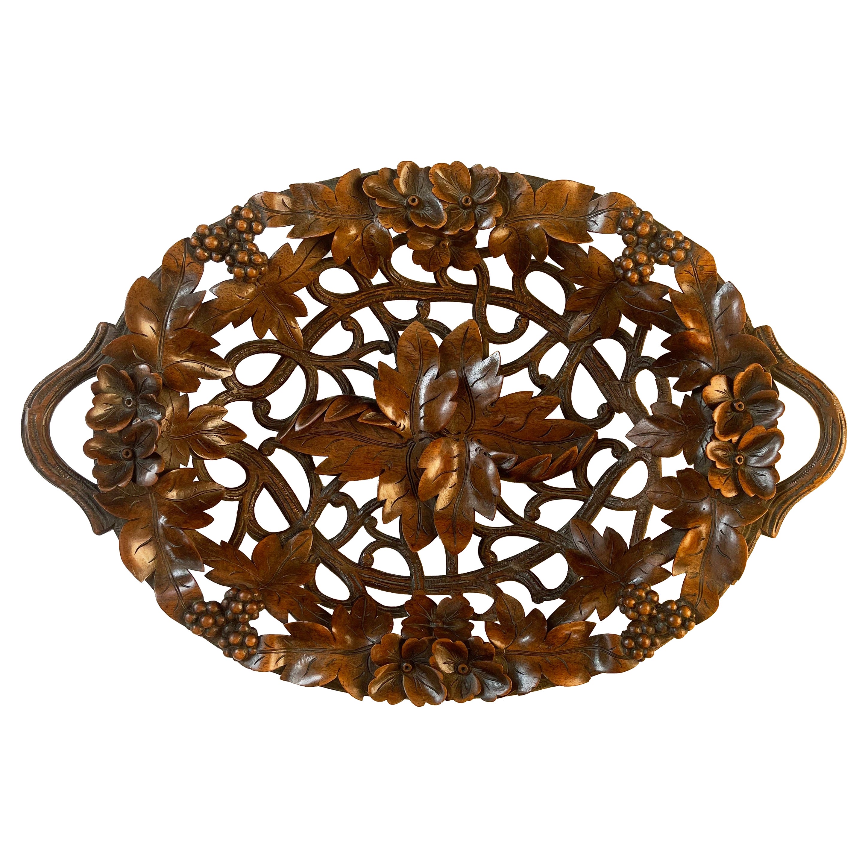 Antique Black Forest Bowl or Basket Carved Leaf, Berries 
Floral, Germany 1890s