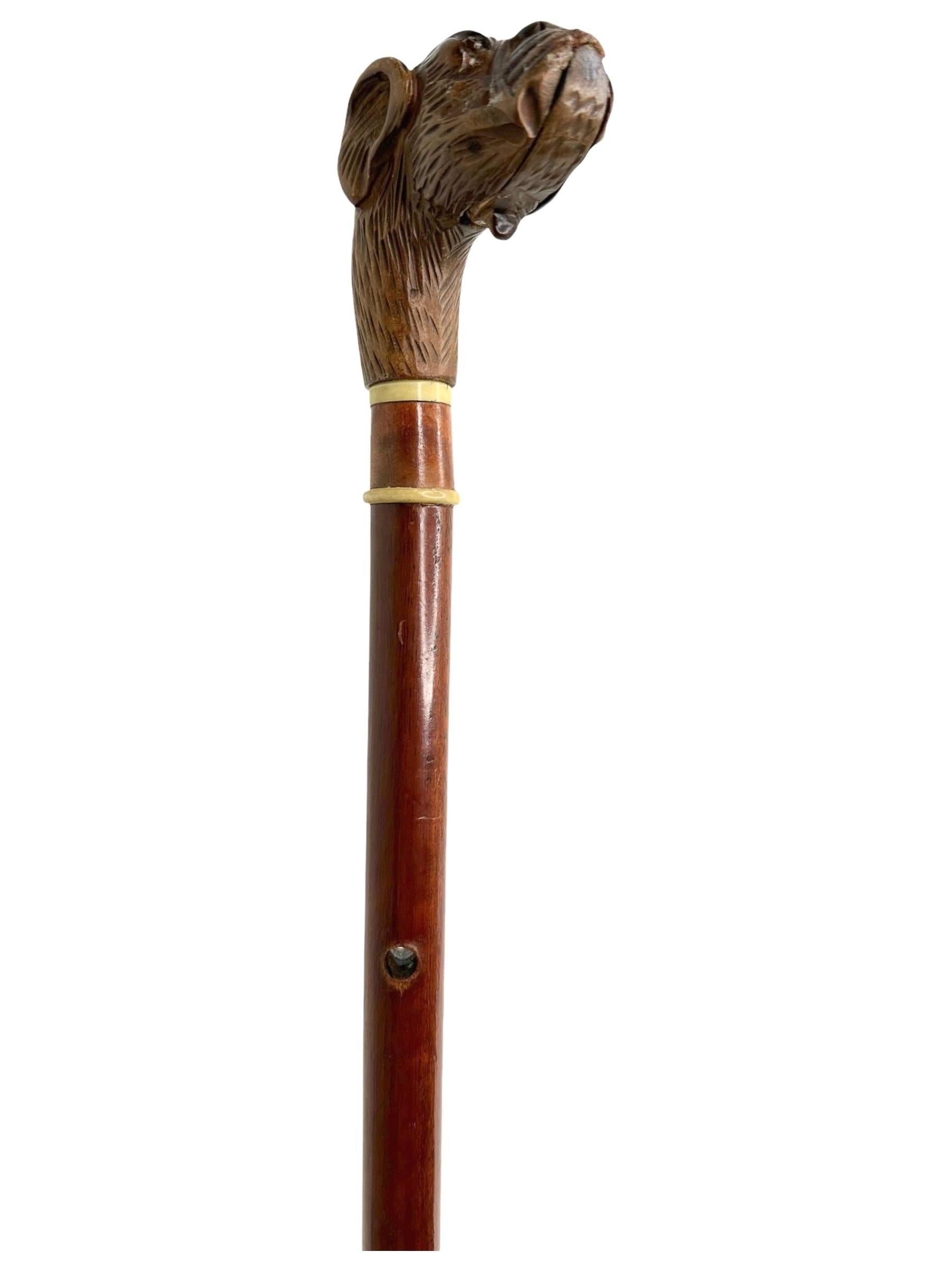 Beautiful hand carved dog head walking stick cane. Manufactured in the Black Forest or Brienz Area at the end of the 19th century. Wonderfully expressive representation of a bulldog or a pug. Classic made with glass eyes. With a hole in the stick so