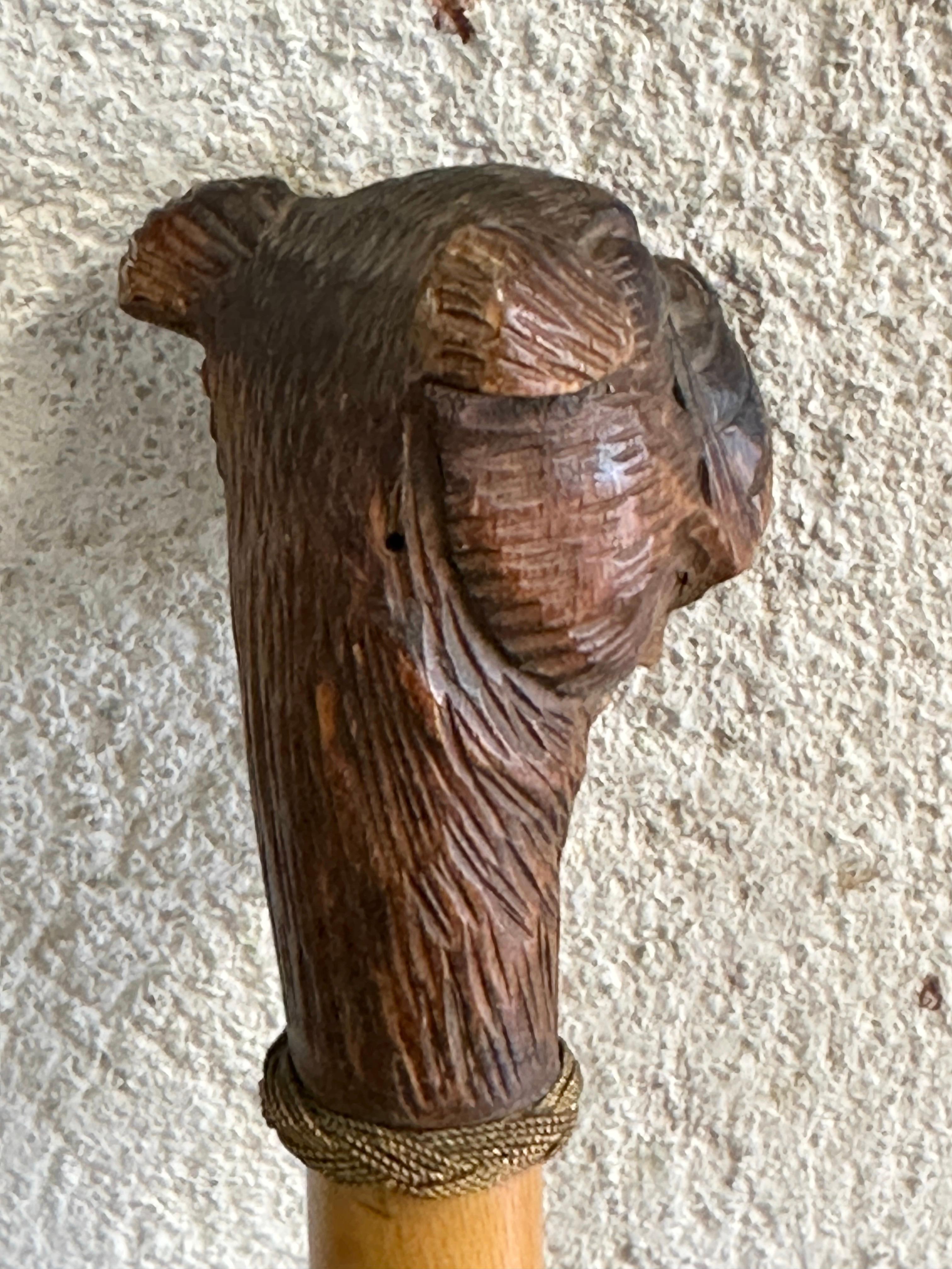 Sculpté à la main Bâton de marche ancien en bois de la Forêt Noire de Brienz sculpté représentant un chien, années 1890, Vienne