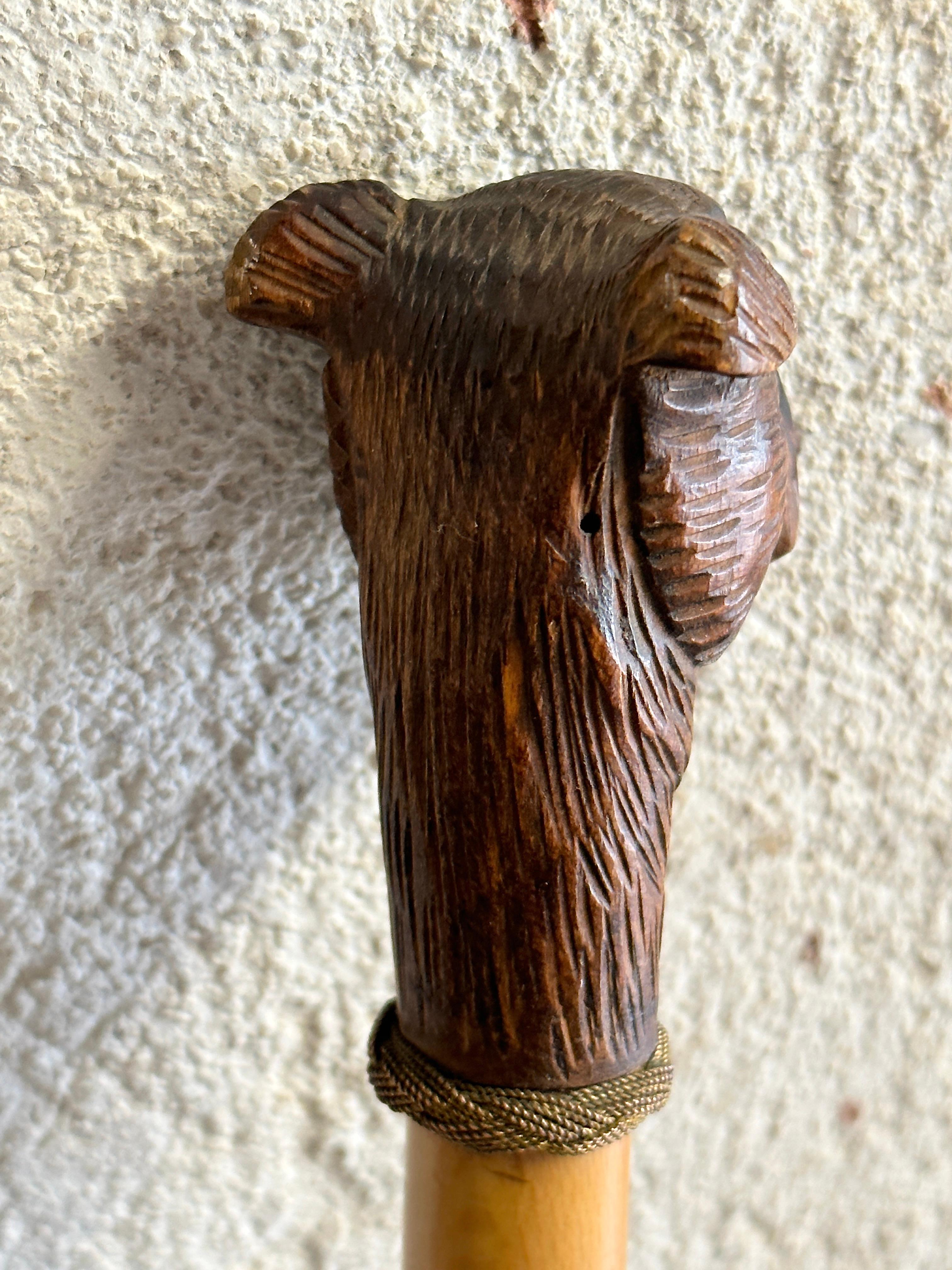 Hand-Carved Antique Black Forest Brienz Wood Carved Dog Walking Stick, 1890s, Austria Vienna