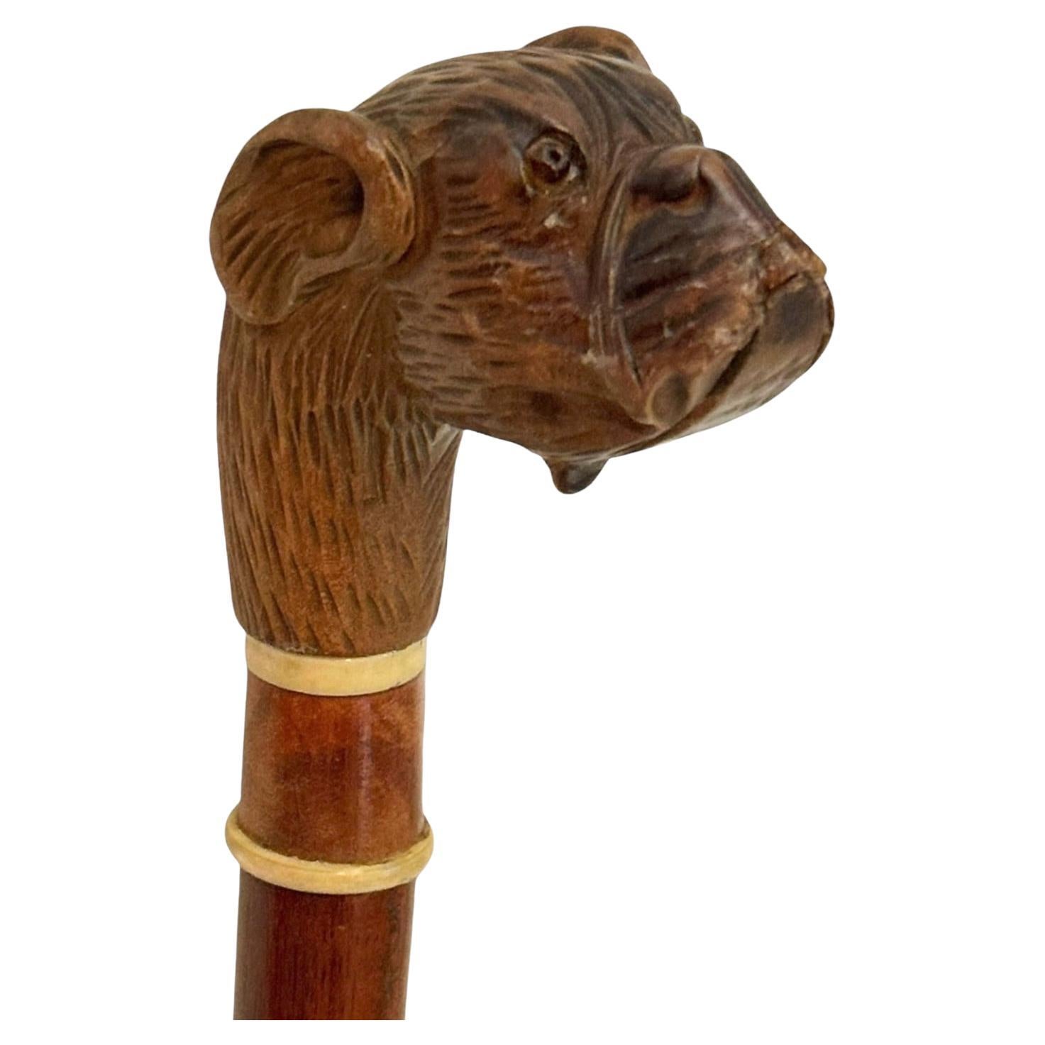 Antique Black Forest Brienz Wood Carved Dog Walking Stick, 1890s, Austria Vienna
