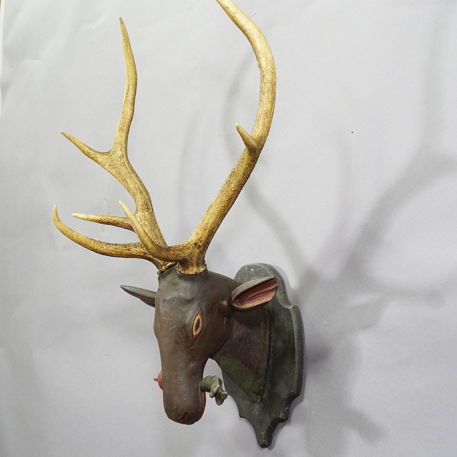 A great wooden carved antique black forest deer head. Carved circa 1900 in baroque style with wooden carved beetroot in his mouth.

Measures: Width 18.9