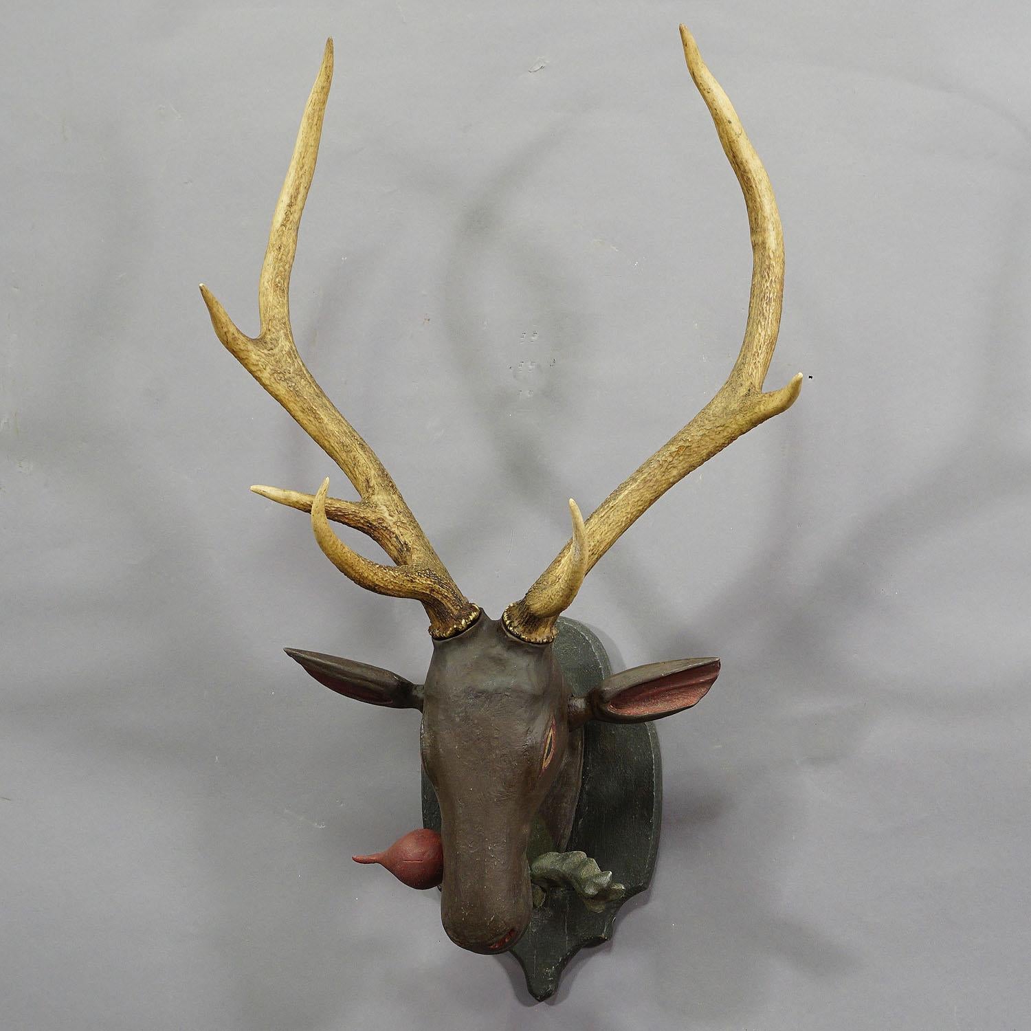 German Antique Black Forest Carved Deer Head in Baroque Style, circa 1890