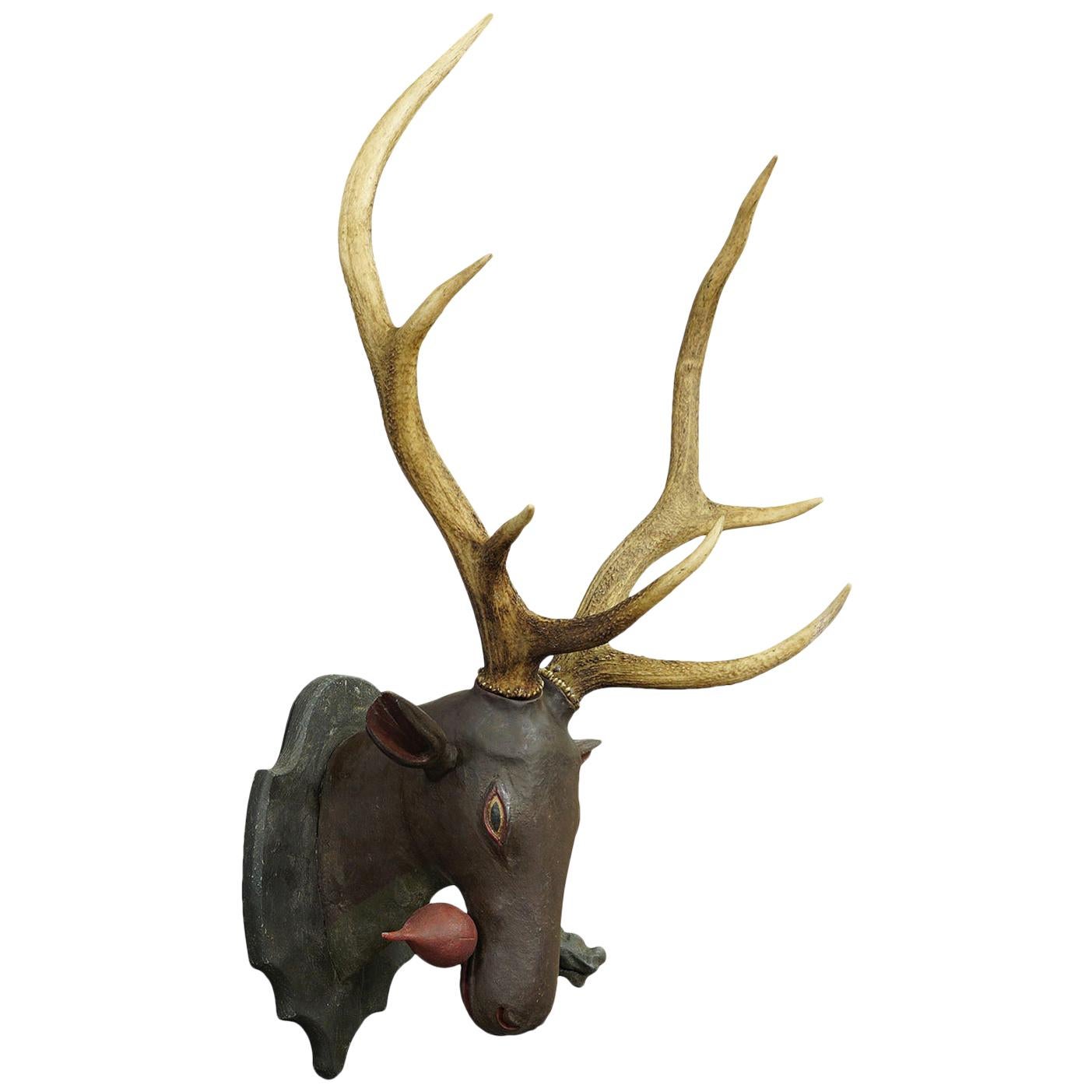 Antique Black Forest Carved Deer Head in Baroque Style, circa 1890