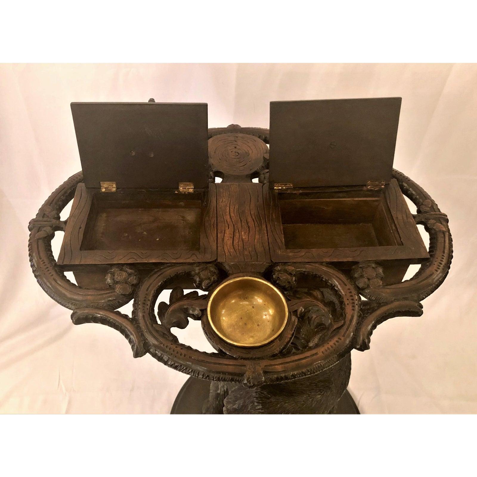 German Antique Black Forest Carved Oak Bear Smoker's Stand with Music Box For Sale