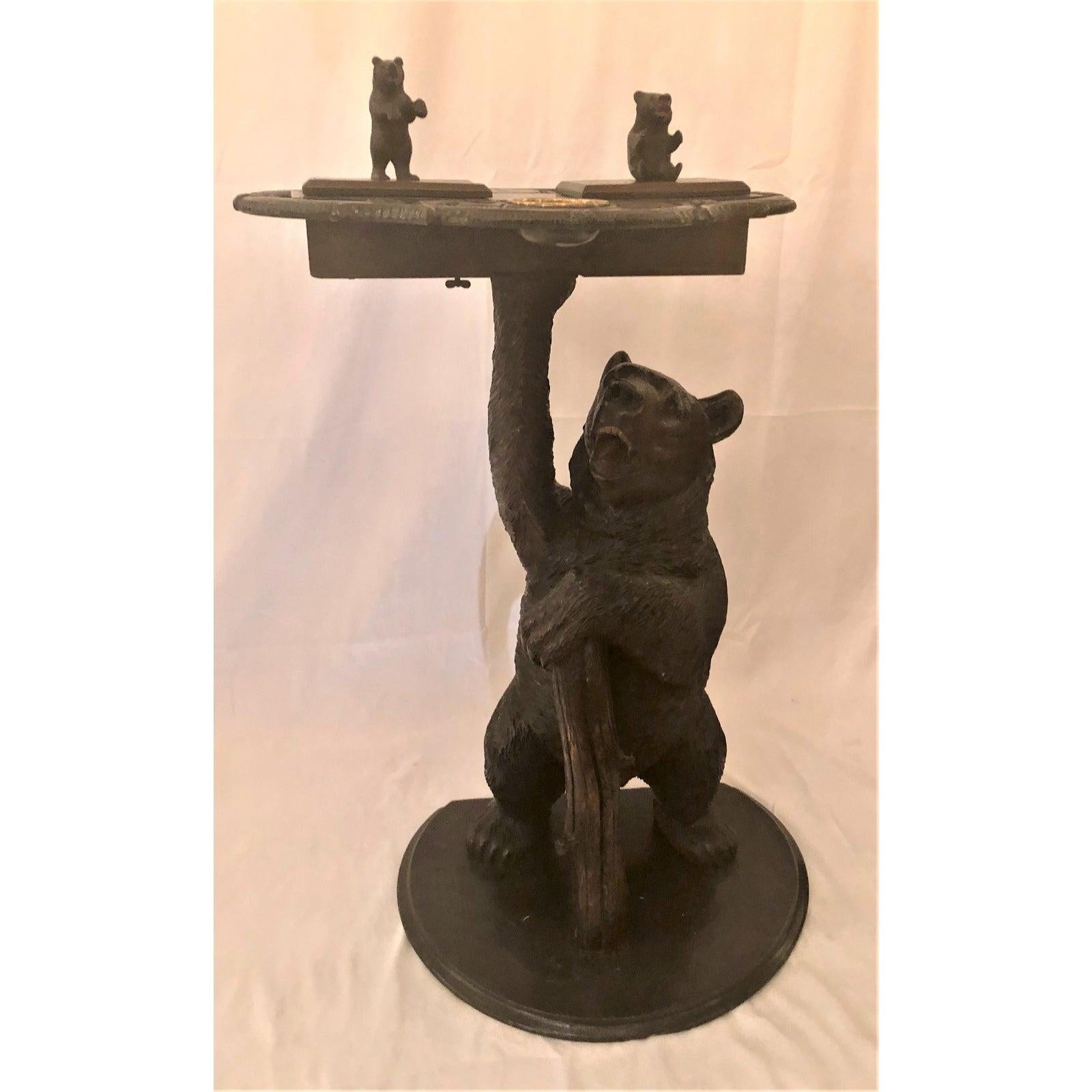 Hand-Carved Antique Black Forest Carved Oak Bear Smoker's Stand with Music Box For Sale