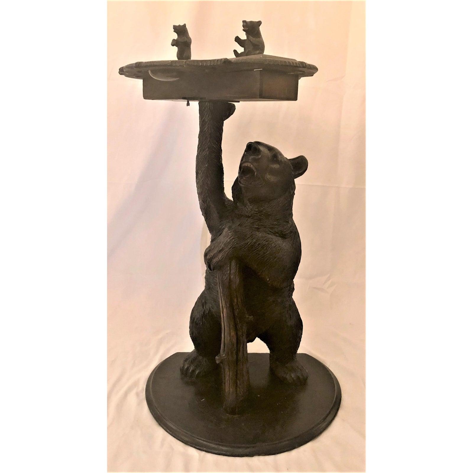Wood Antique Black Forest Carved Oak Bear Smoker's Stand with Music Box For Sale
