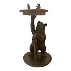 Antique Black Forest Carved Oak Bear Smoker's Stand with Music Box