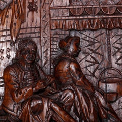Antique Black Forest Carved Oak Genre Scene Wall Plaques, Port Louis, circa 1890
