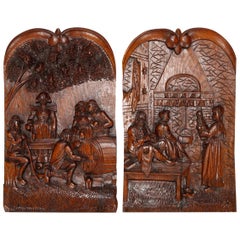 Antique Black Forest Carved Oak Genre Scene Wall Plaques, Port Louis, circa 1890