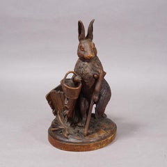 Antique Black Forest Carved Rabbit Figure with Basket, circa 1900